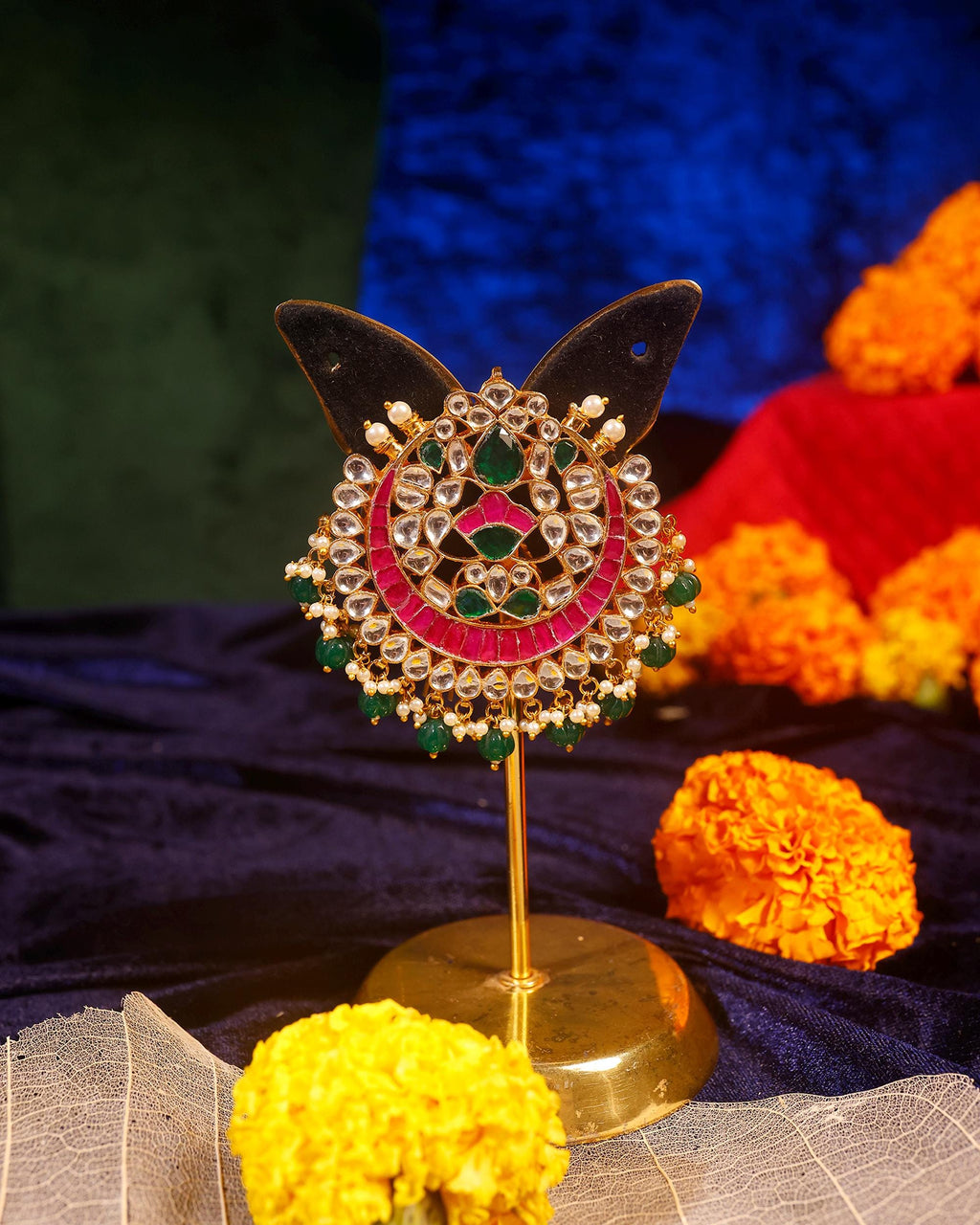 Kundan Hair Brooch | Pink Green Stone Bridal Accessory, Pearl Braid Ornament