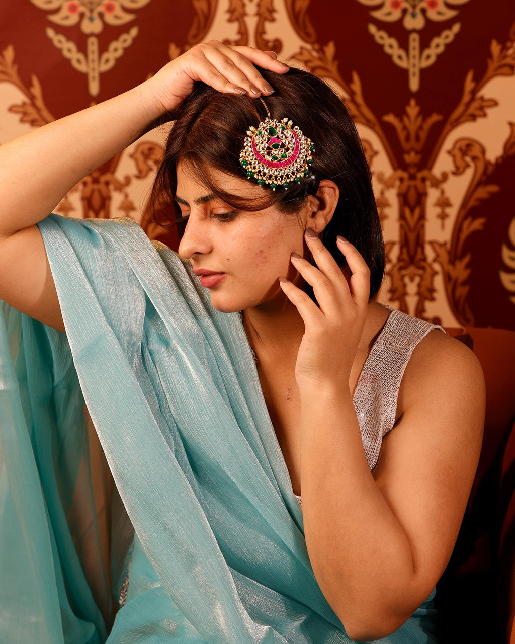 Kundan Hair Brooch | Pink Green Stone Bridal Accessory, Pearl Braid Ornament
