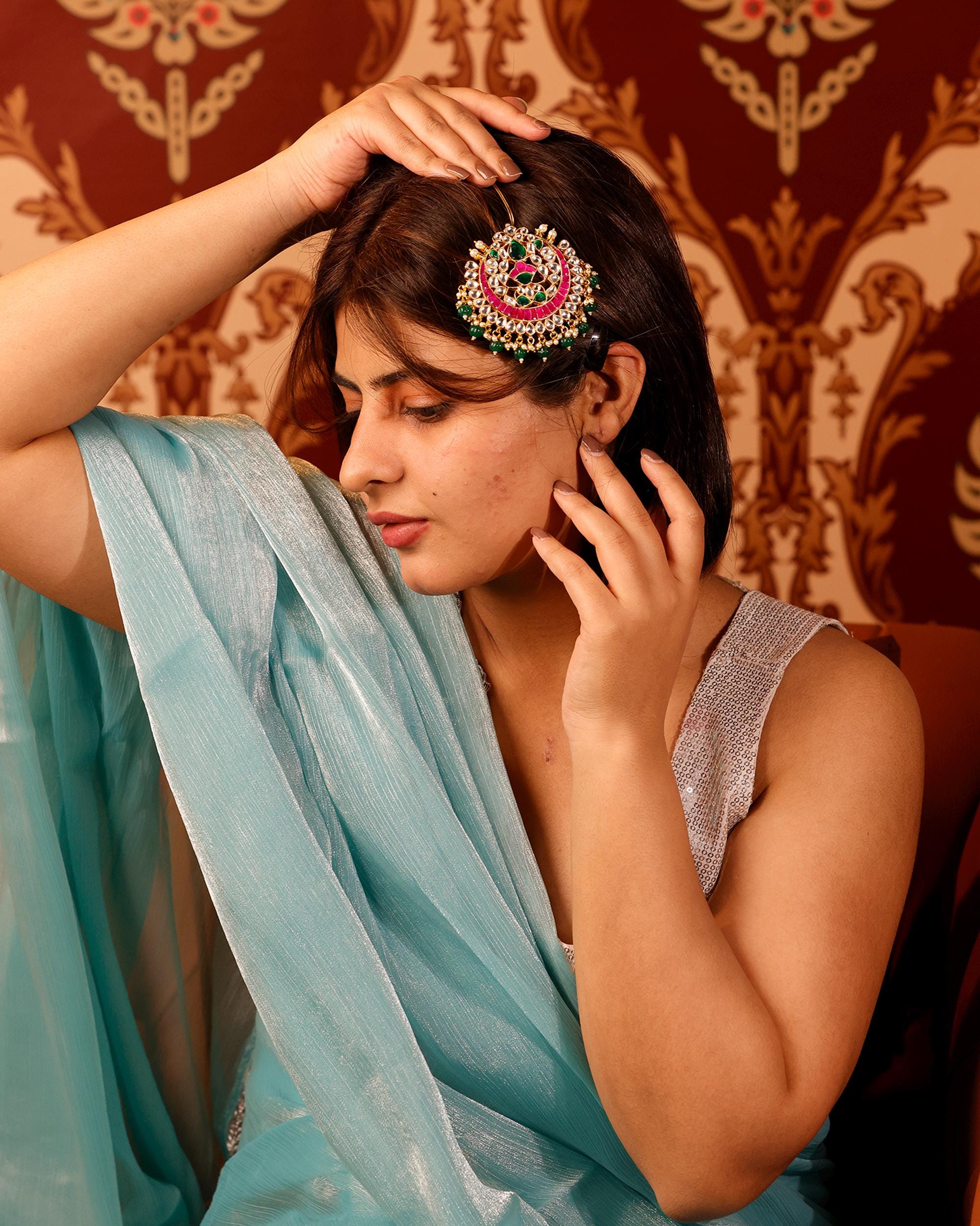 Kundan Hair Brooch | Pink Green Stone Bridal Accessory, Pearl Braid Ornament