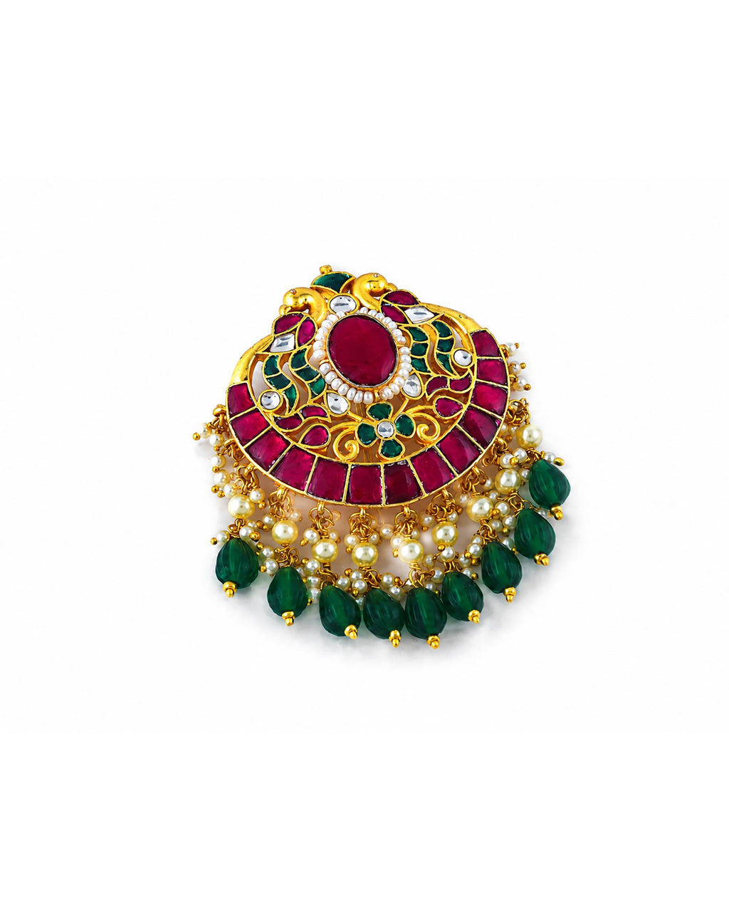 Traditional Kundan Hair Brooch | Gold-Toned Bridal Accessory with Green Stones, Pearls