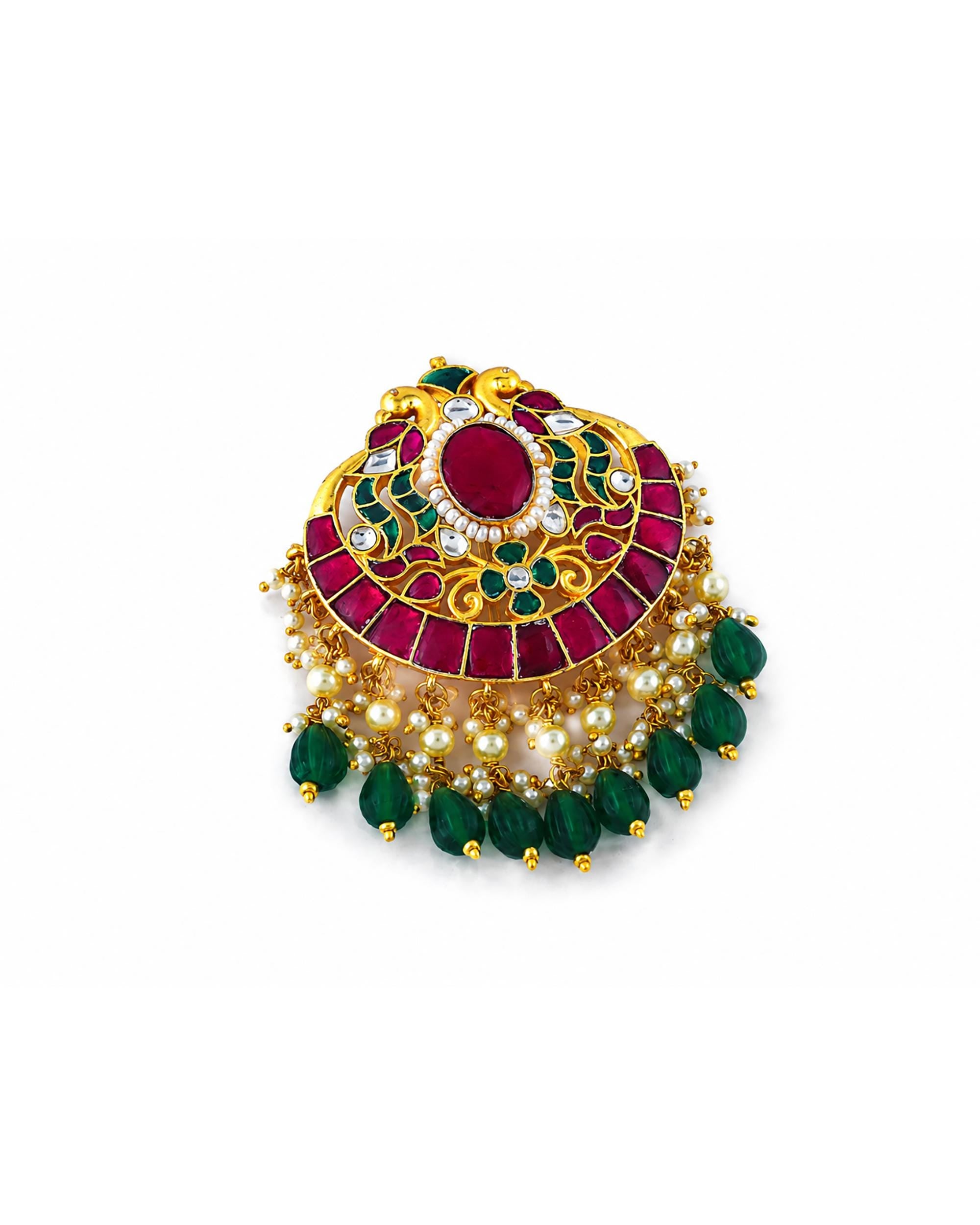 Traditional Kundan Hair Brooch | Gold-Toned Bridal Accessory with Green Stones, Pearls