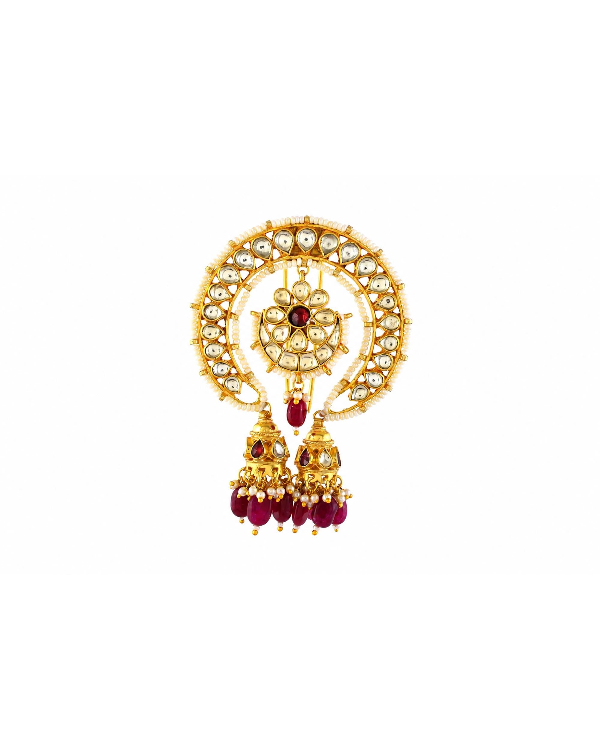 Kundan Hair Brooch | Red Stone Bridal Hair Accessory | Indian Wedding Jhumki Pearl Braid Ornament