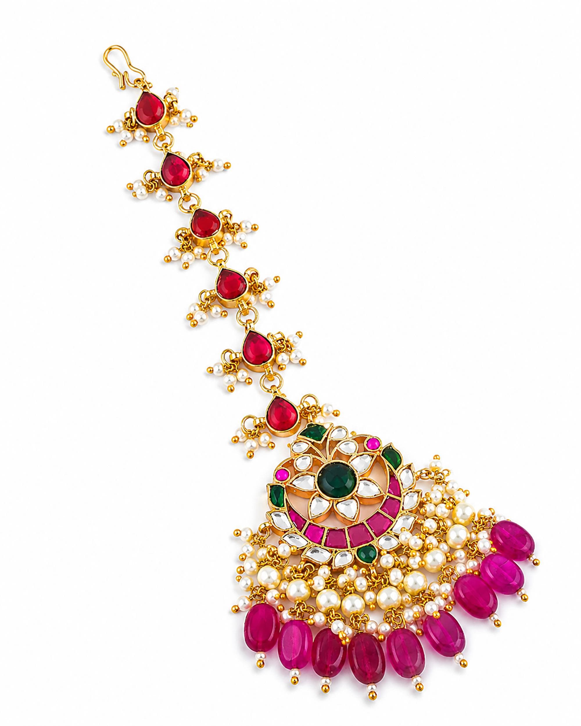 Traditional Kundan Maang Tikka | Bridal Headpiece with Red, Green Stones