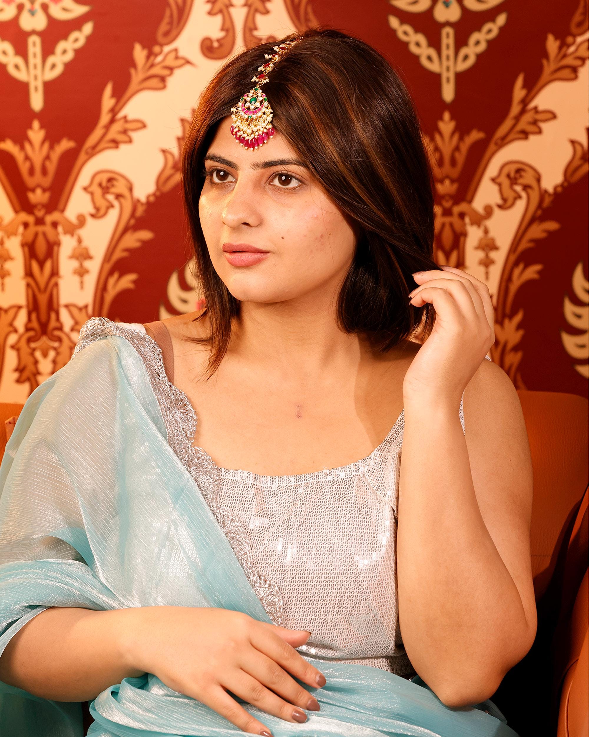 Traditional Kundan Maang Tikka | Bridal Headpiece with Red, Green Stones
