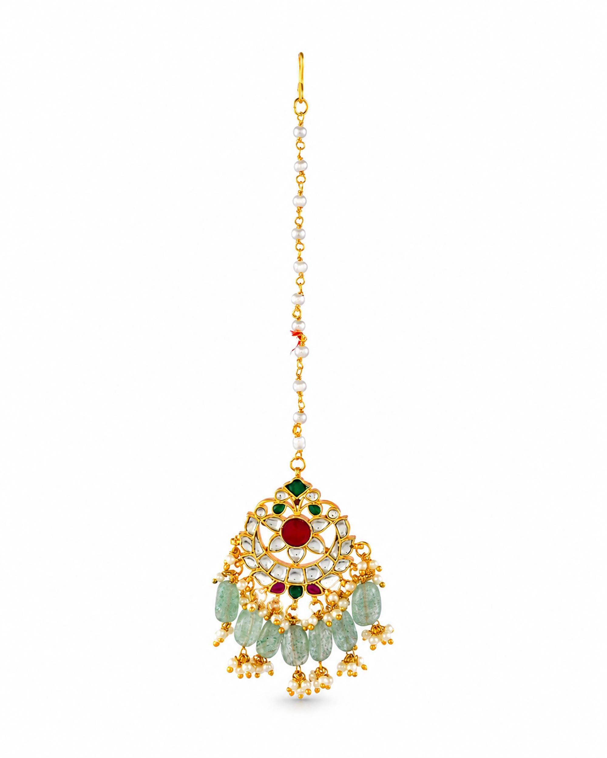 Handcrafted Kundan Maang Tikka | Gold-Toned Mint Green Stone Bridal Headpiece