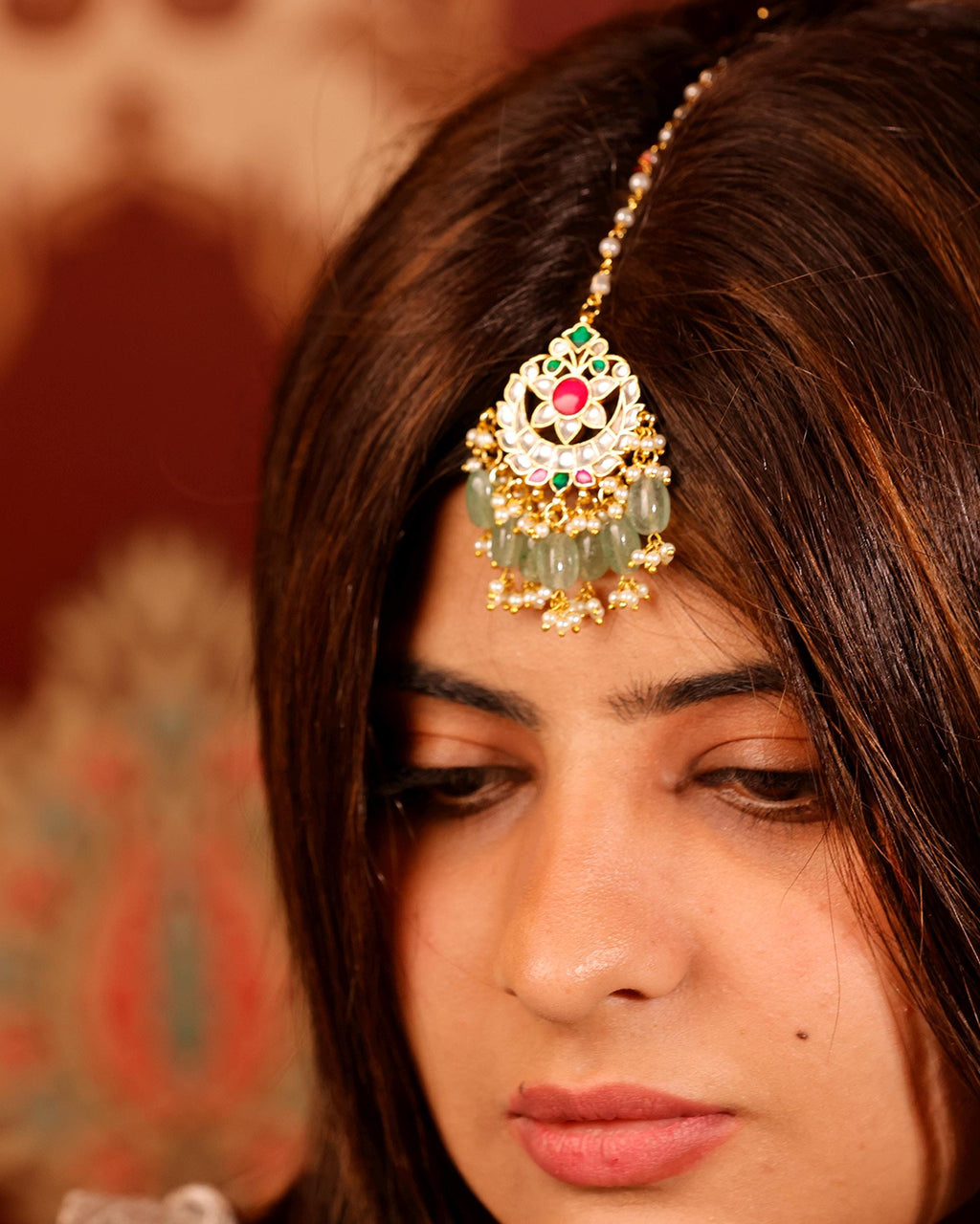Handcrafted Kundan Maang Tikka | Gold-Toned Mint Green Stone Bridal Headpiece