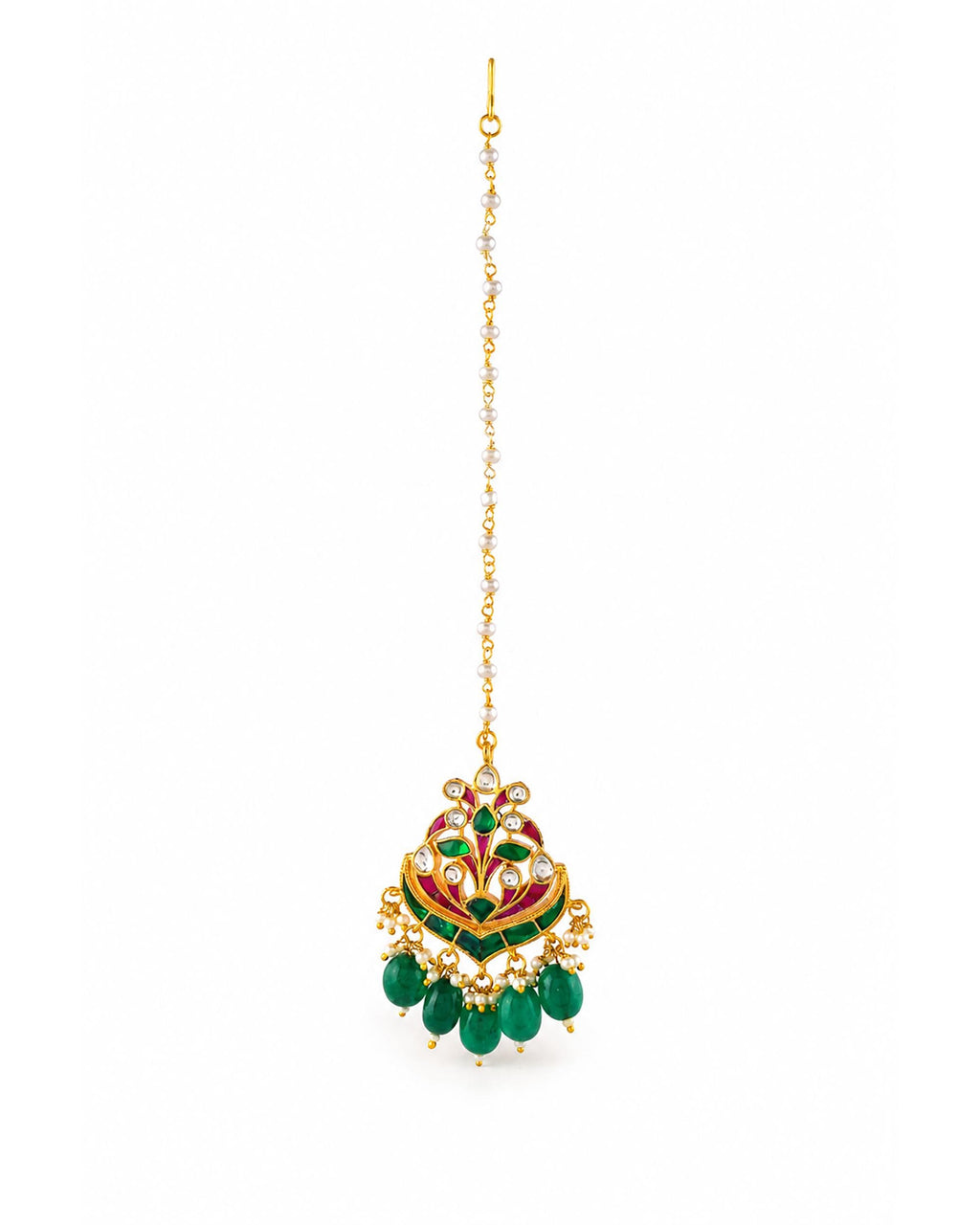 Traditional Kundan Maang Tikka | Gold-Toned Green Stone Bridal Headpiece