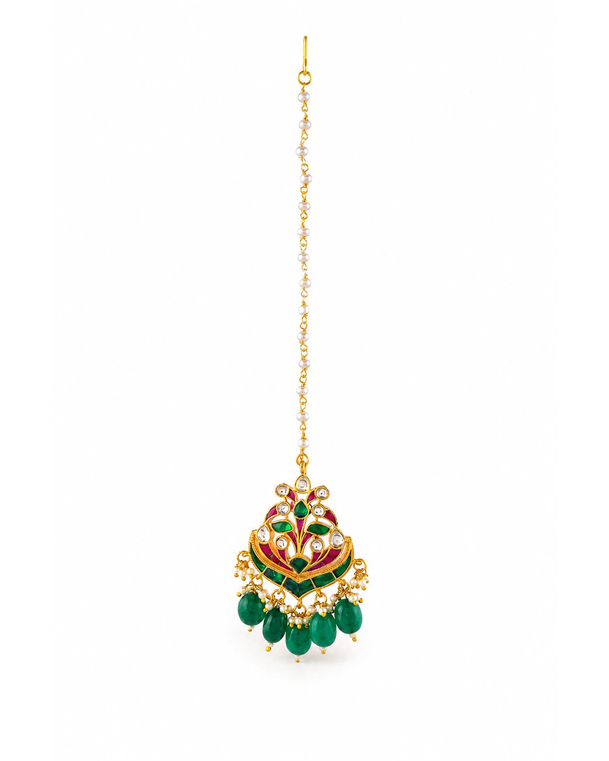 Traditional Kundan Maang Tikka | Gold-Toned Green Stone Bridal Headpiece