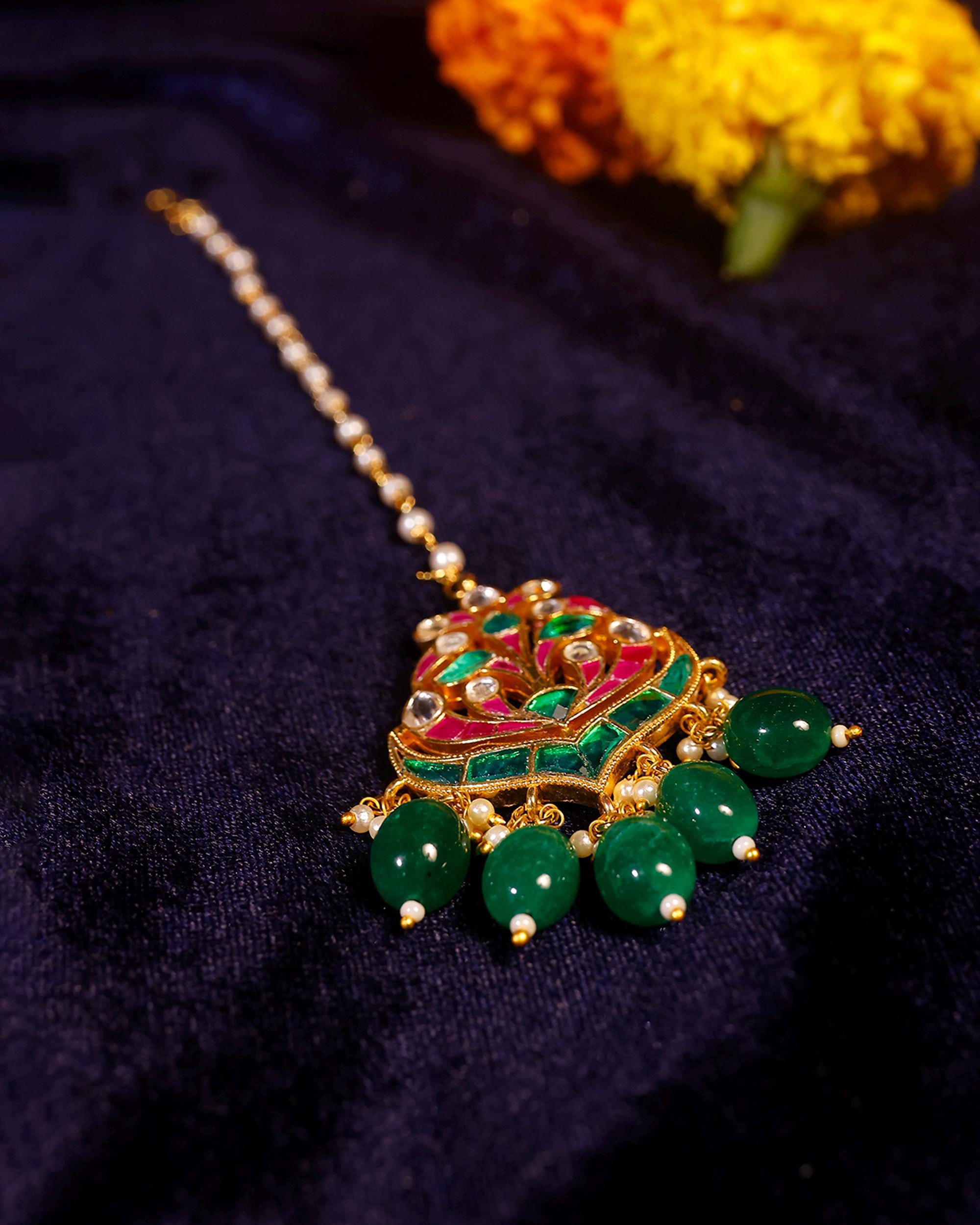 Traditional Kundan Maang Tikka | Gold-Toned Green Stone Bridal Headpiece
