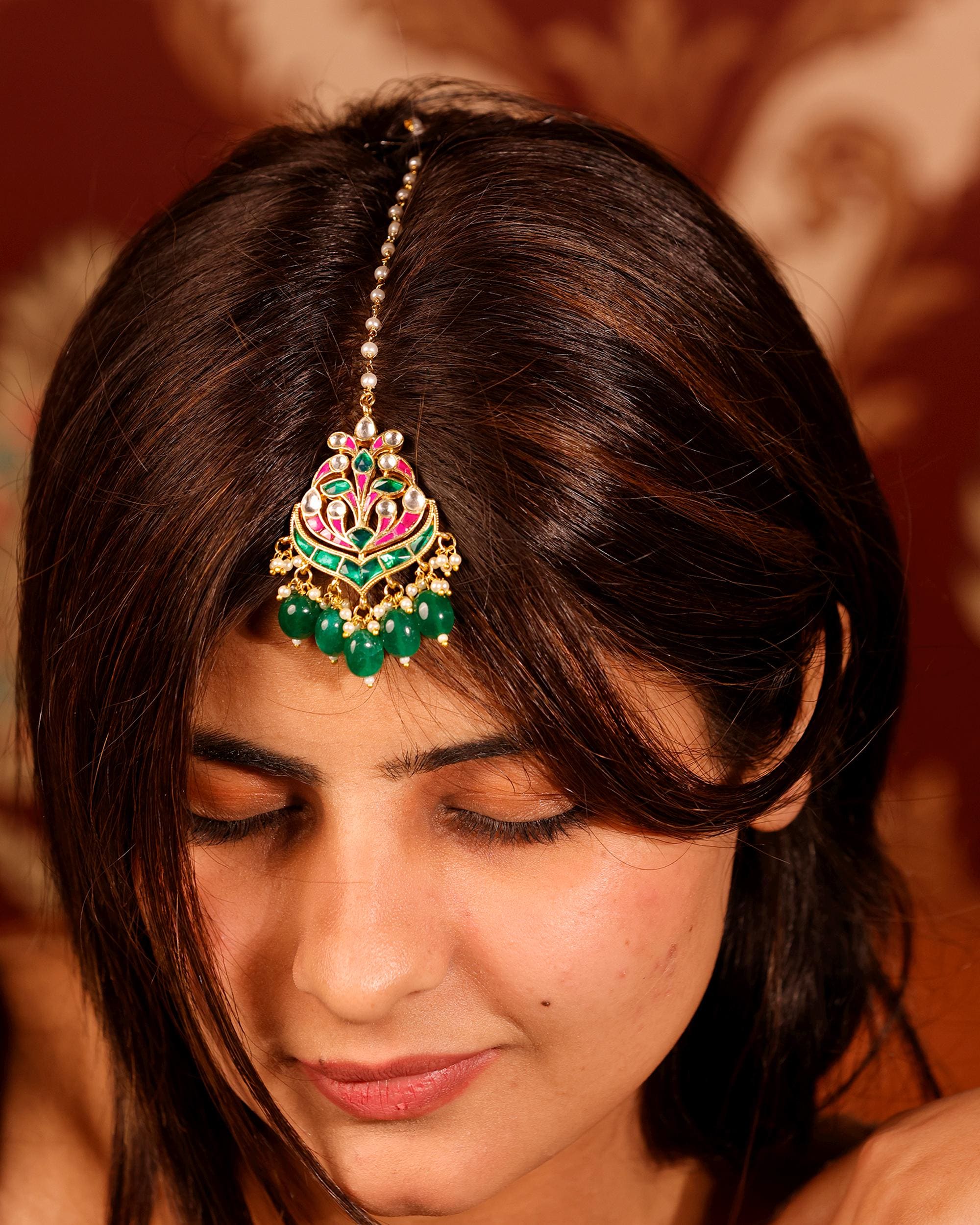Traditional Kundan Maang Tikka | Gold-Toned Green Stone Bridal Headpiece