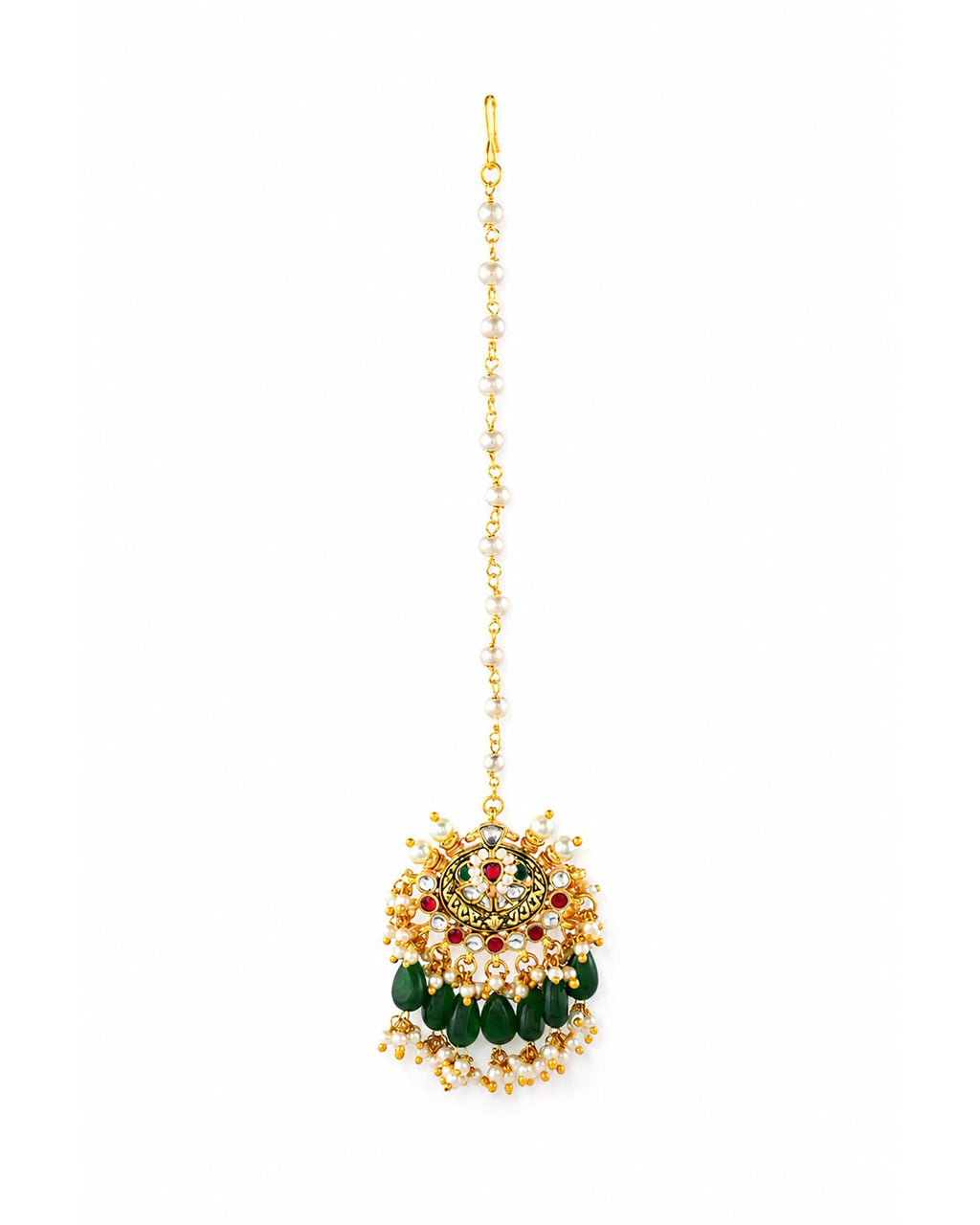 Kundan-Style Maang Tikka | Gold-Toned Headpiece with Dark Green Drops