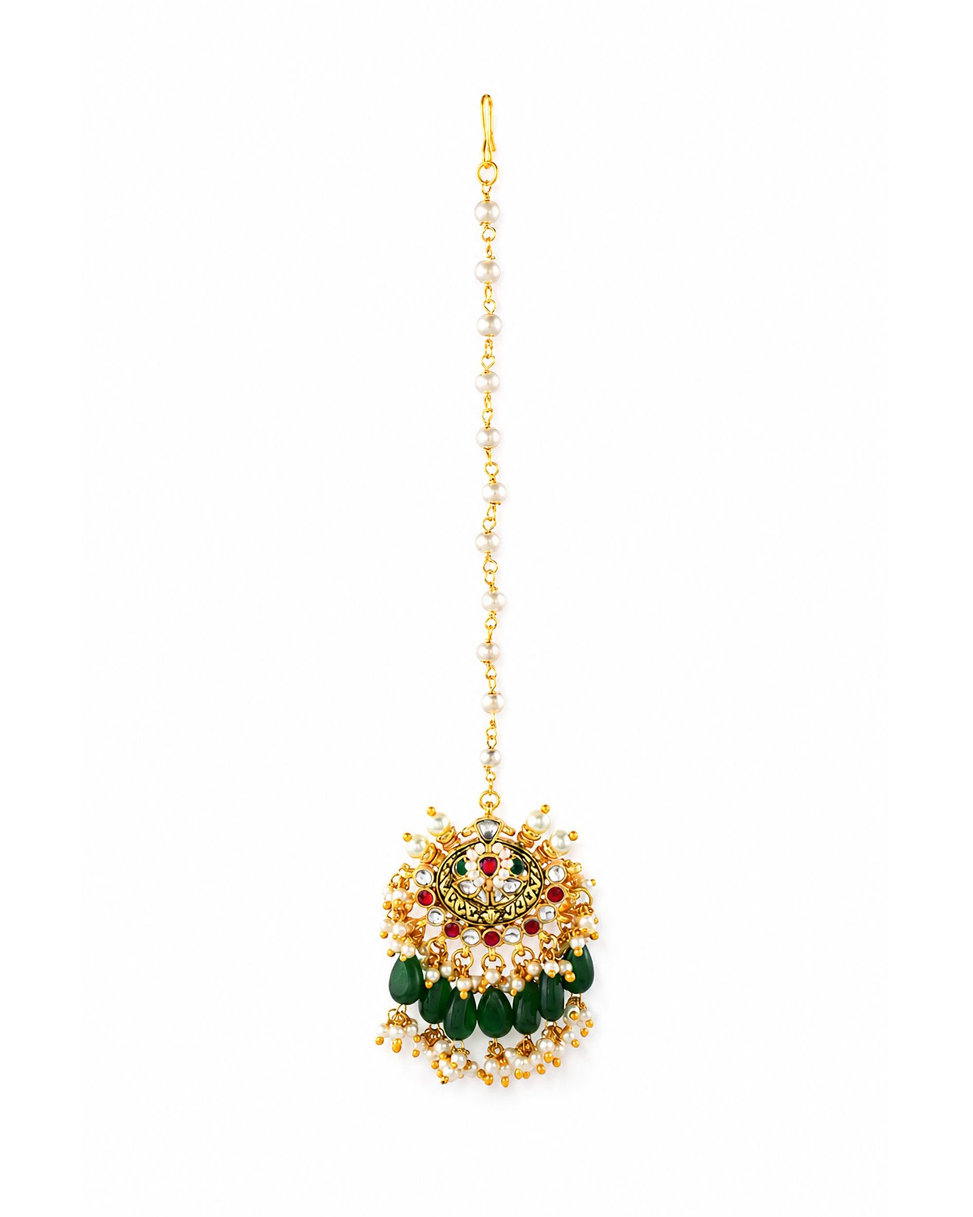 Kundan-Style Maang Tikka | Gold-Toned Headpiece with Dark Green Drops