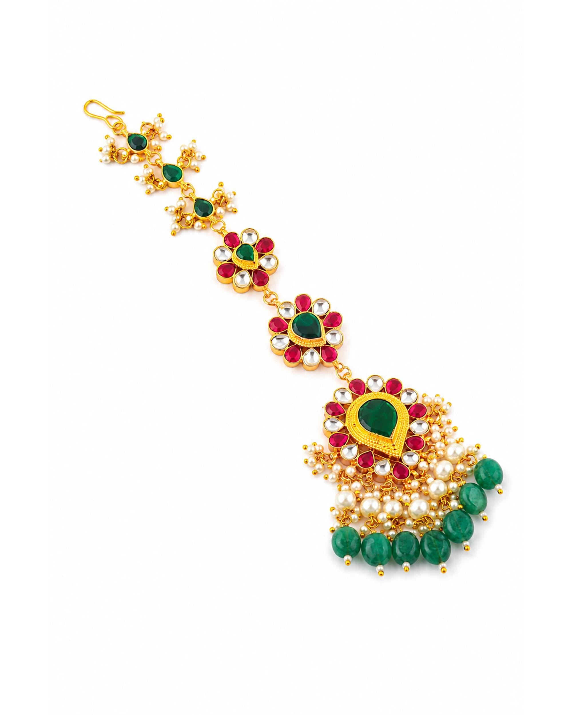 Traditional Kundan Maang Tikka | Gold-Toned Green Stone Bridal Headpiece