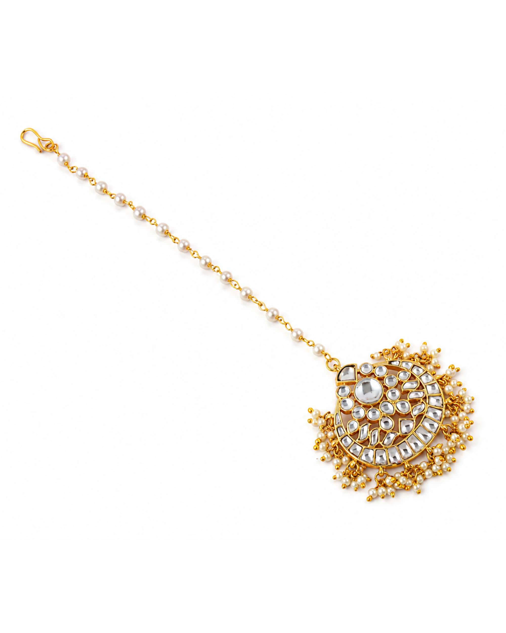 Traditional Kundan Maang Tikka | Gold-Toned Bridal Headpiece, Pearl Accents