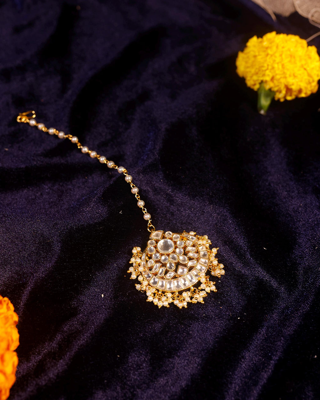 Traditional Kundan Maang Tikka | Gold-Toned Bridal Headpiece, Pearl Accents