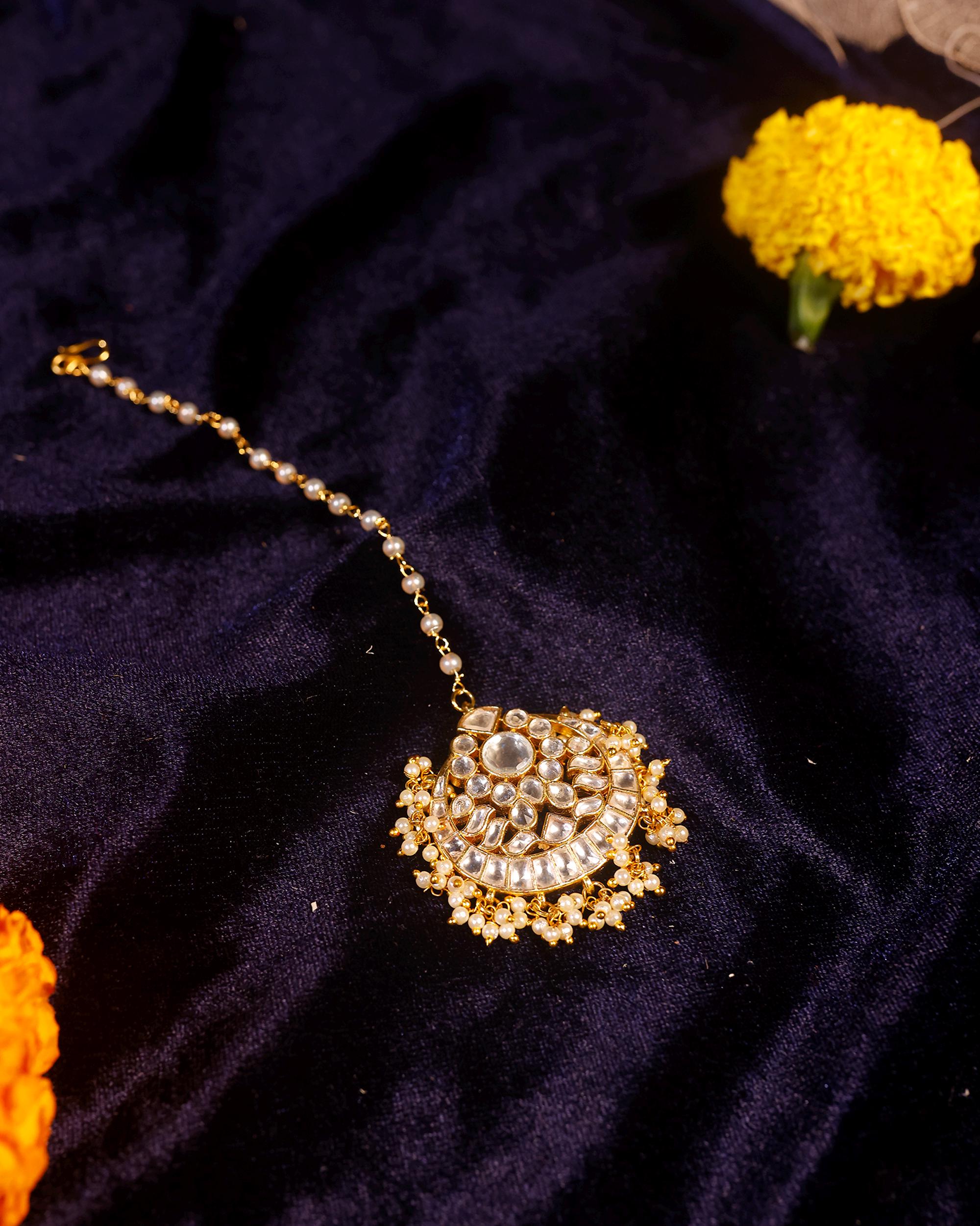 Traditional Kundan Maang Tikka | Gold-Toned Bridal Headpiece, Pearl Accents