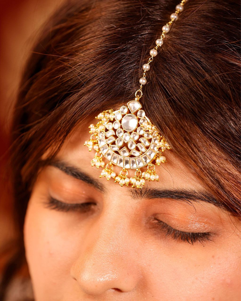 Traditional Kundan Maang Tikka | Gold-Toned Bridal Headpiece, Pearl Accents
