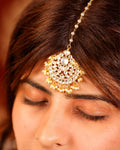 Traditional Kundan Maang Tikka | Gold-Toned Bridal Headpiece, Pearl Accents