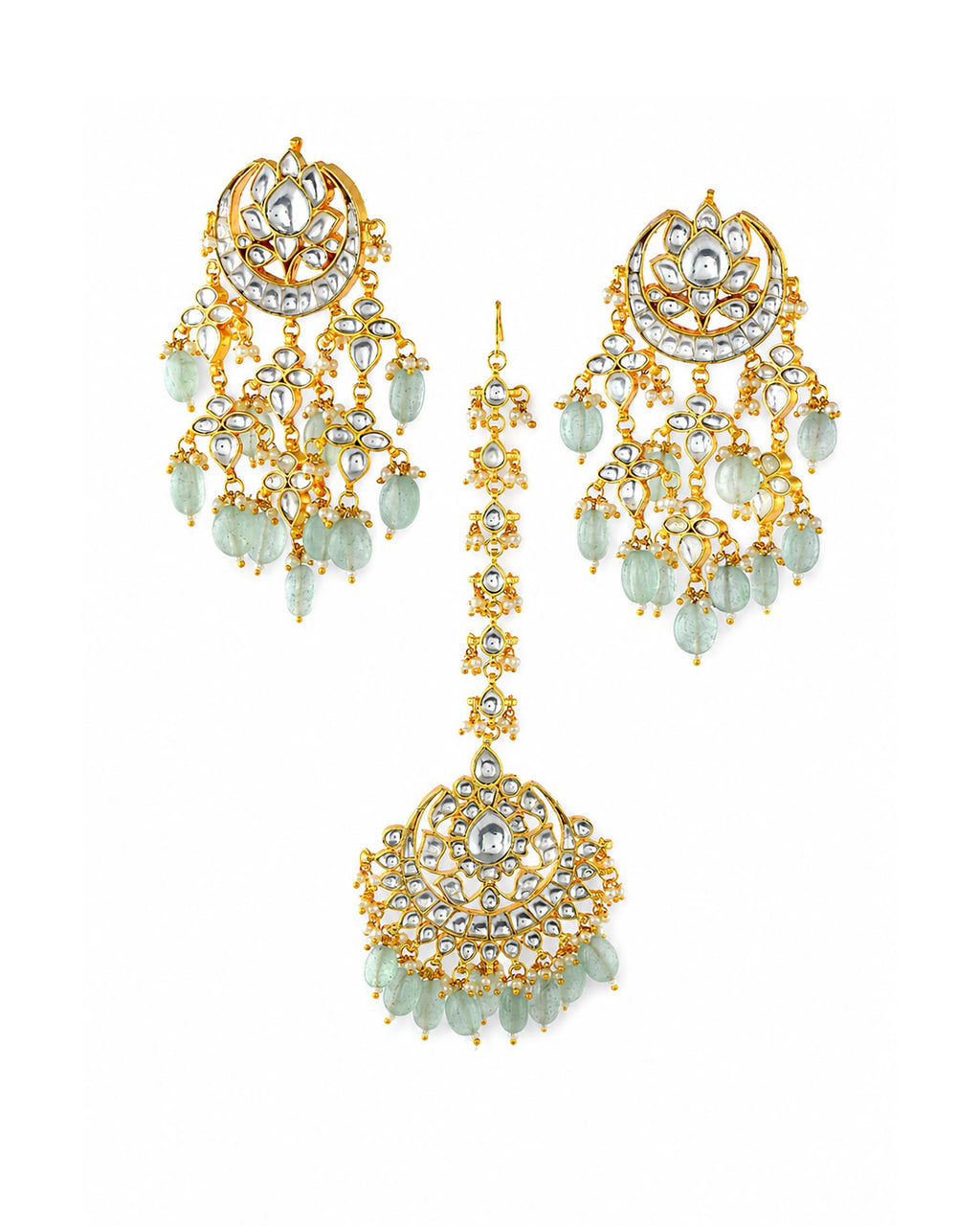 Traditional Kundan Jewelry Set | Green Bead Bridal Necklace, Earrings, Maang Tikka