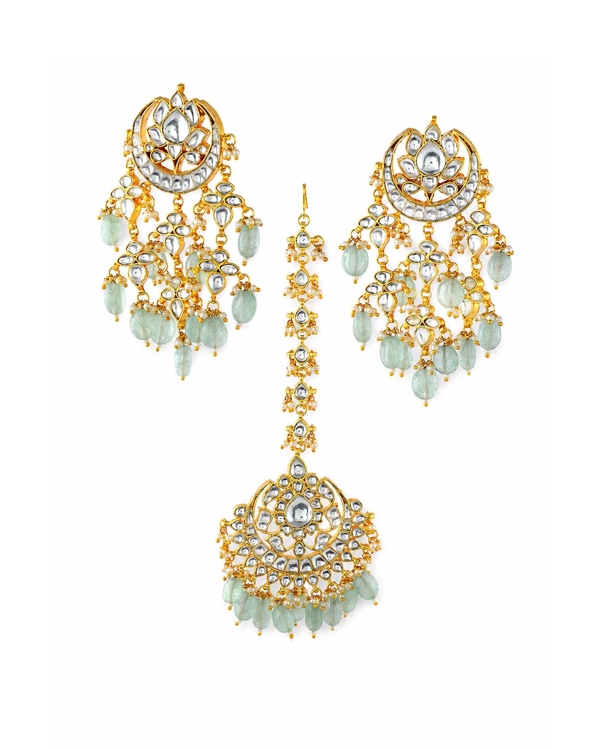 Traditional Kundan Jewelry Set | Green Bead Bridal Necklace, Earrings, Maang Tikka