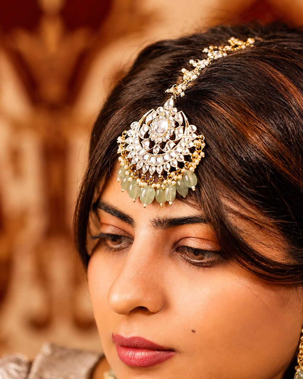 Traditional Kundan Jewelry Set | Green Bead Bridal Necklace, Earrings, Maang Tikka