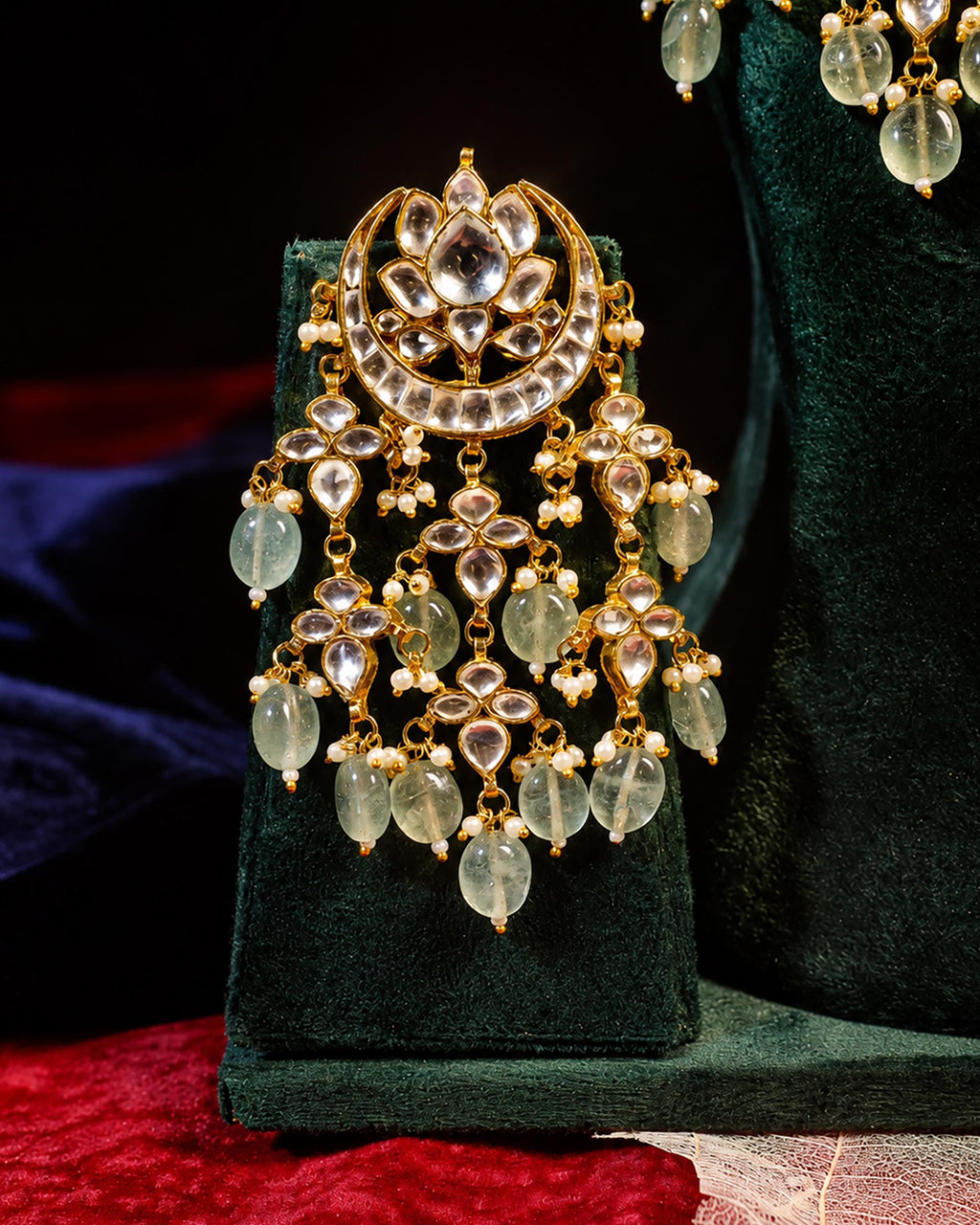 Traditional Kundan Jewelry Set | Green Bead Bridal Necklace, Earrings, Maang Tikka