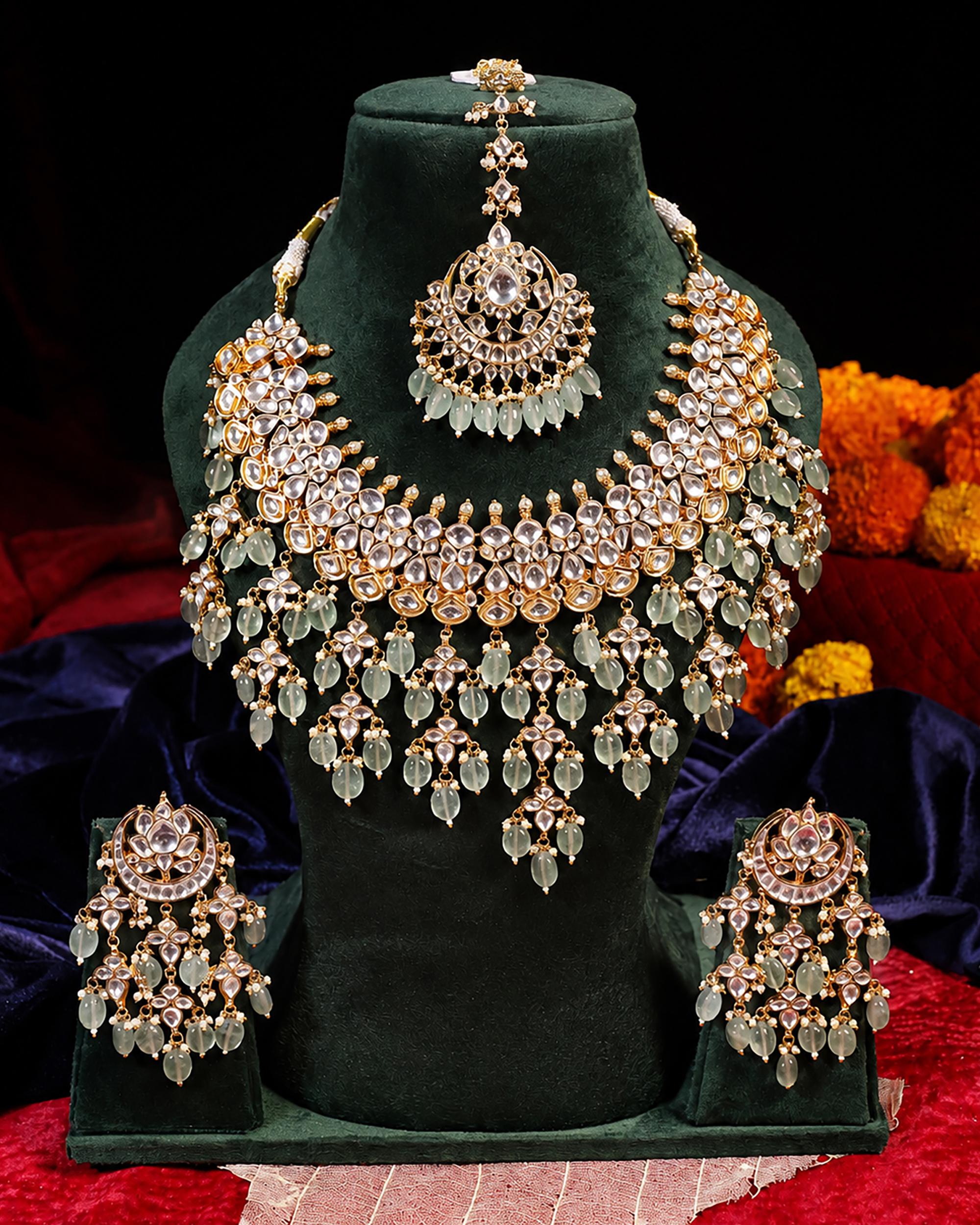 Traditional Kundan Jewelry Set | Green Bead Bridal Necklace, Earrings, Maang Tikka