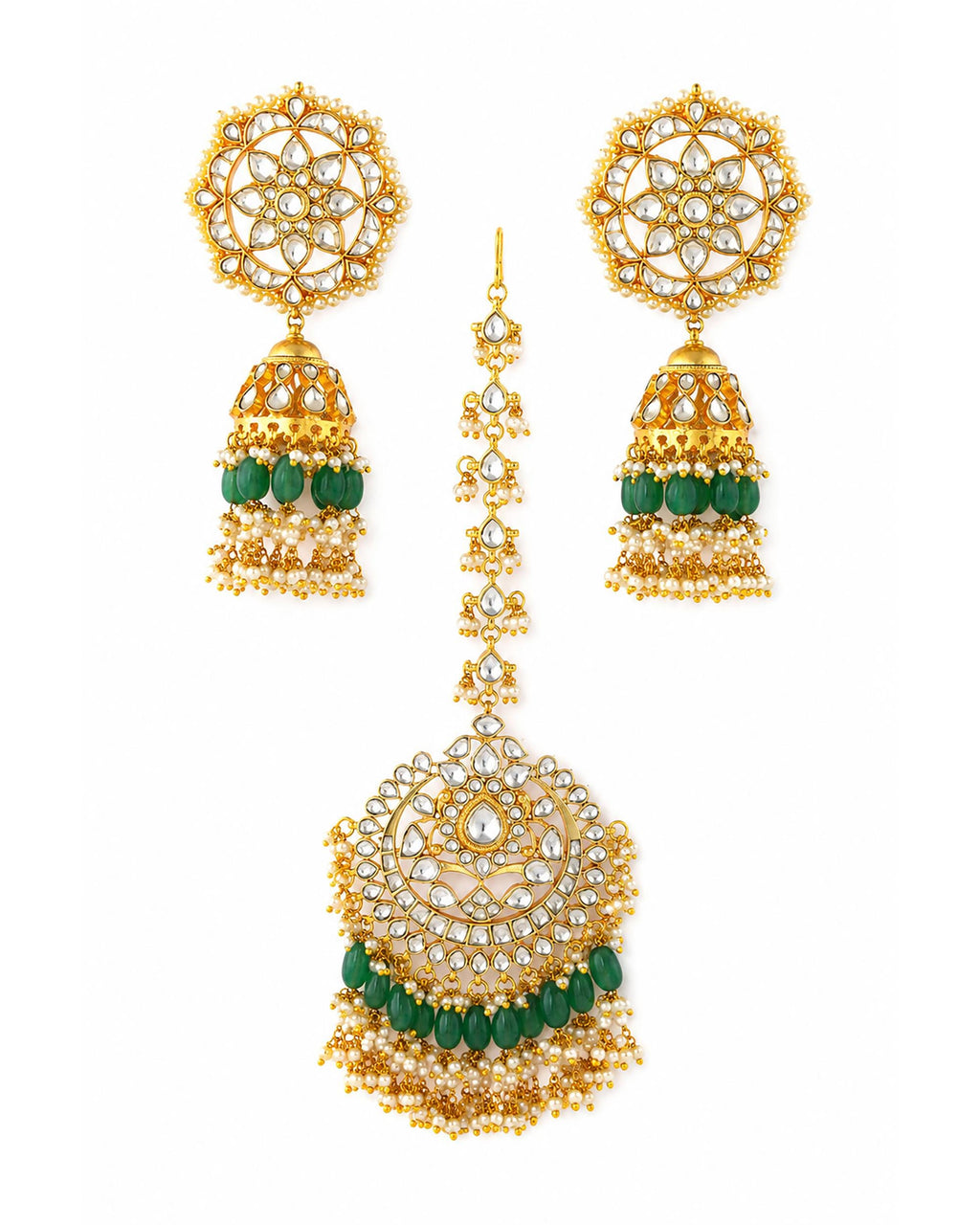 Emerald Green Kundan Bridal Jewelry Set | Indian Wedding Choker Necklace Earrings Maang Tikka