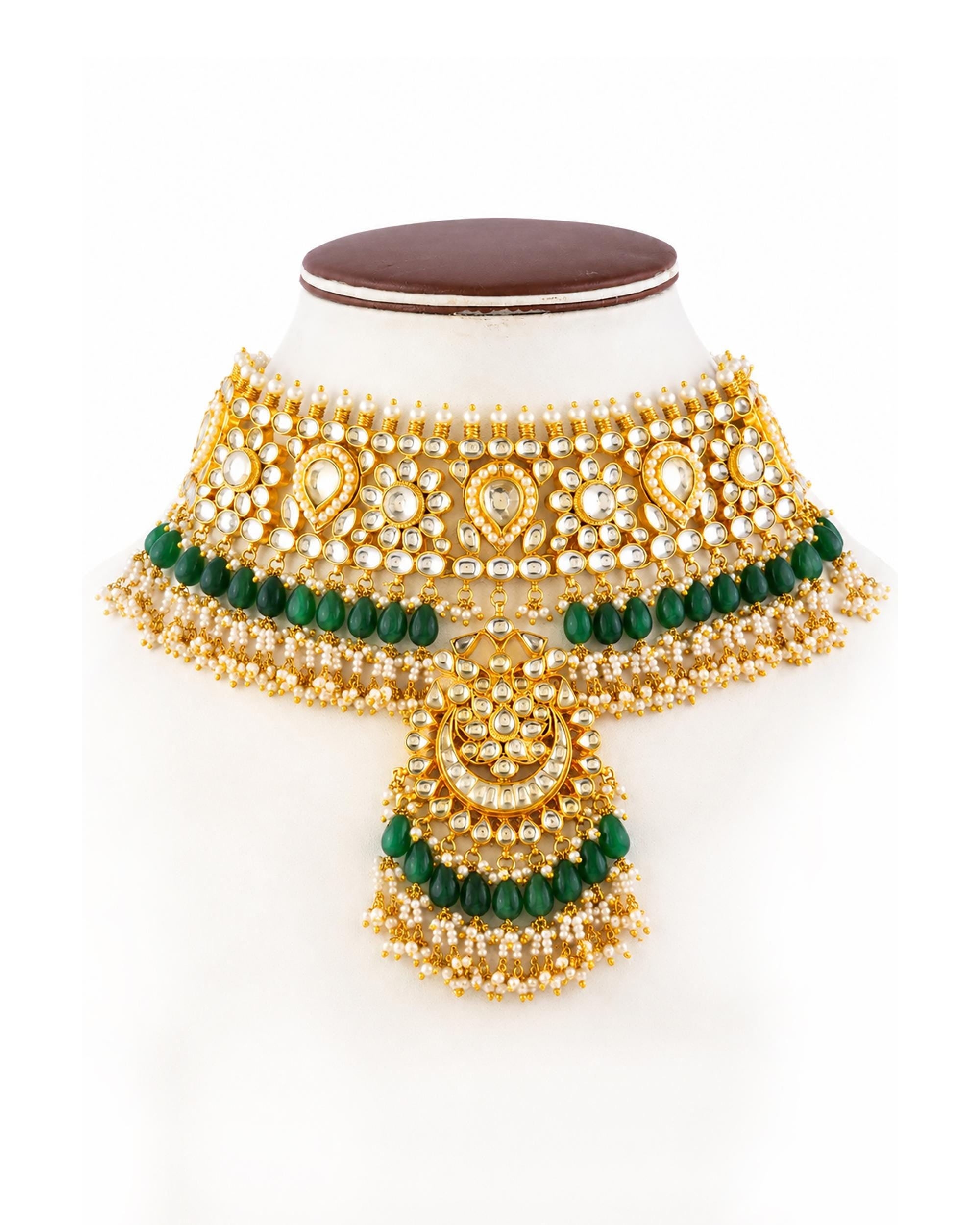 Emerald Green Kundan Bridal Jewelry Set | Indian Wedding Choker Necklace Earrings Maang Tikka