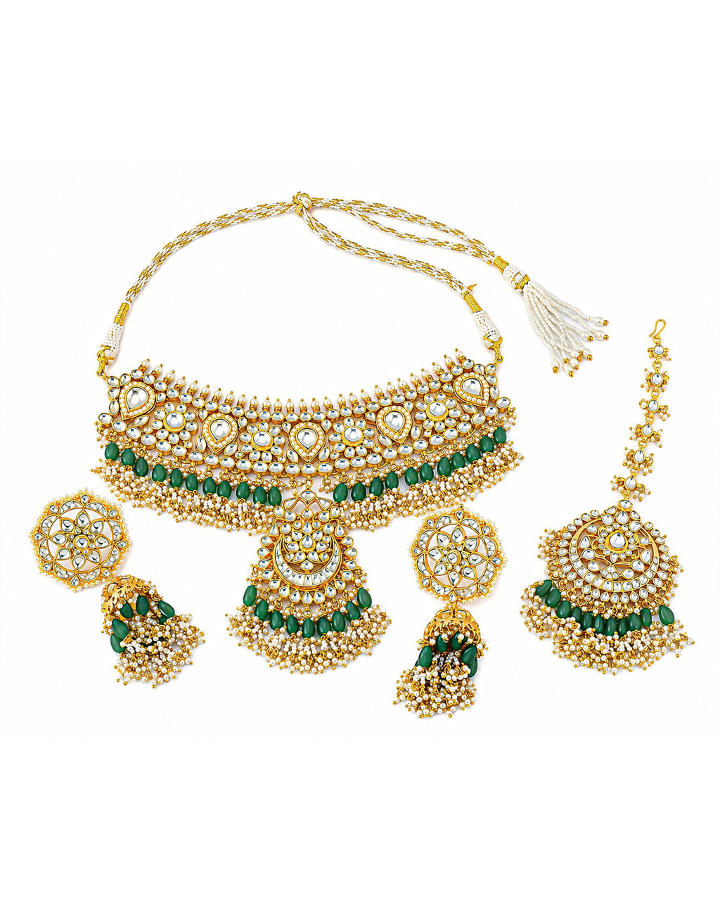 Emerald Green Kundan Bridal Jewelry Set | Indian Wedding Choker Necklace Earrings Maang Tikka