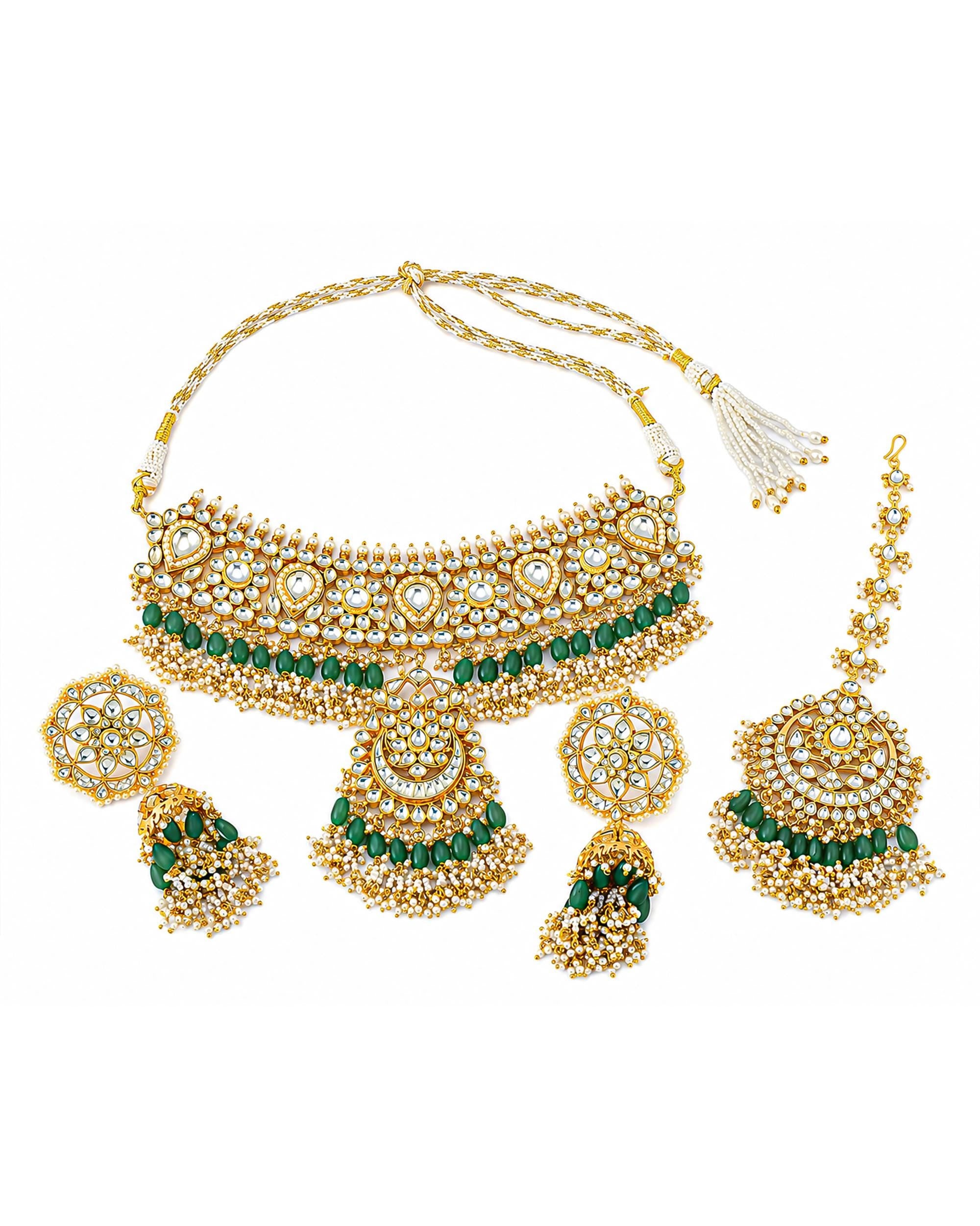 Emerald Green Kundan Bridal Jewelry Set | Indian Wedding Choker Necklace Earrings Maang Tikka