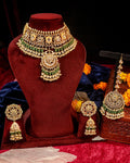 Emerald Green Kundan Bridal Jewelry Set | Indian Wedding Choker Necklace Earrings Maang Tikka