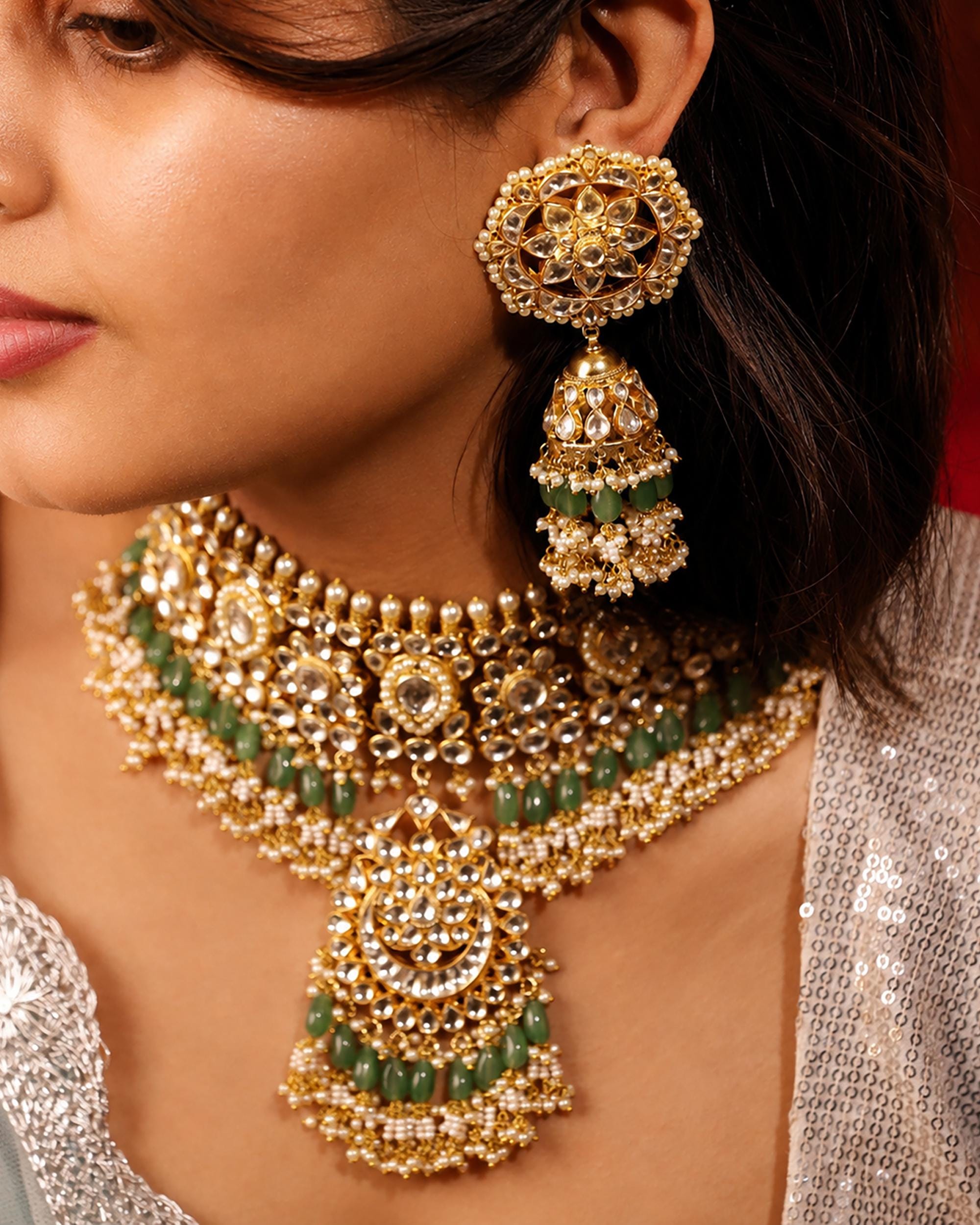Emerald Green Kundan Bridal Jewelry Set | Indian Wedding Choker Necklace Earrings Maang Tikka