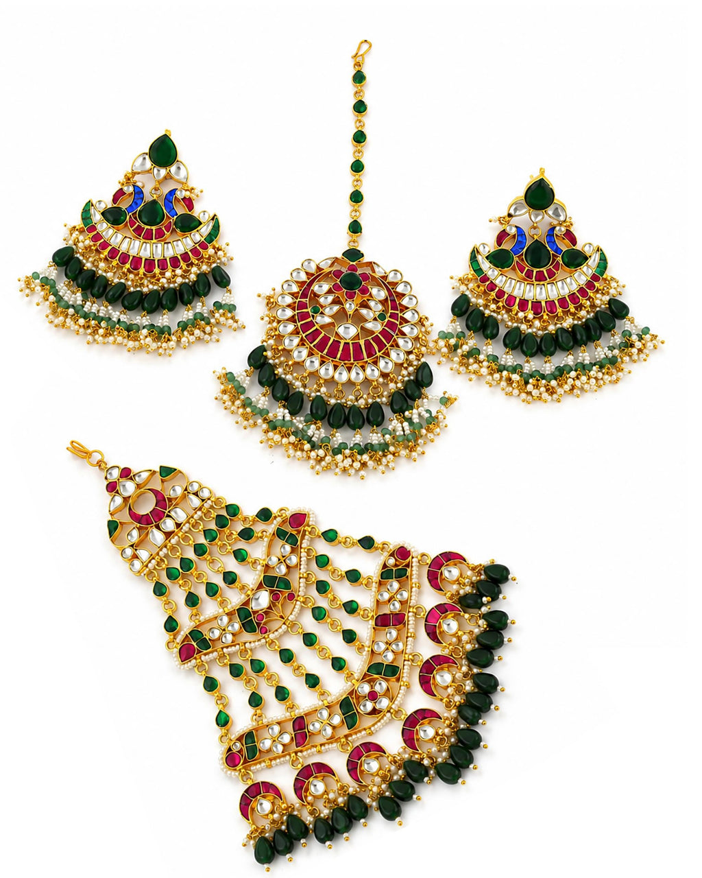 Kundan Bridal Jewelry Set, Indian Wedding Choker, Maang Tikka, Earrings, Green Pink Stones