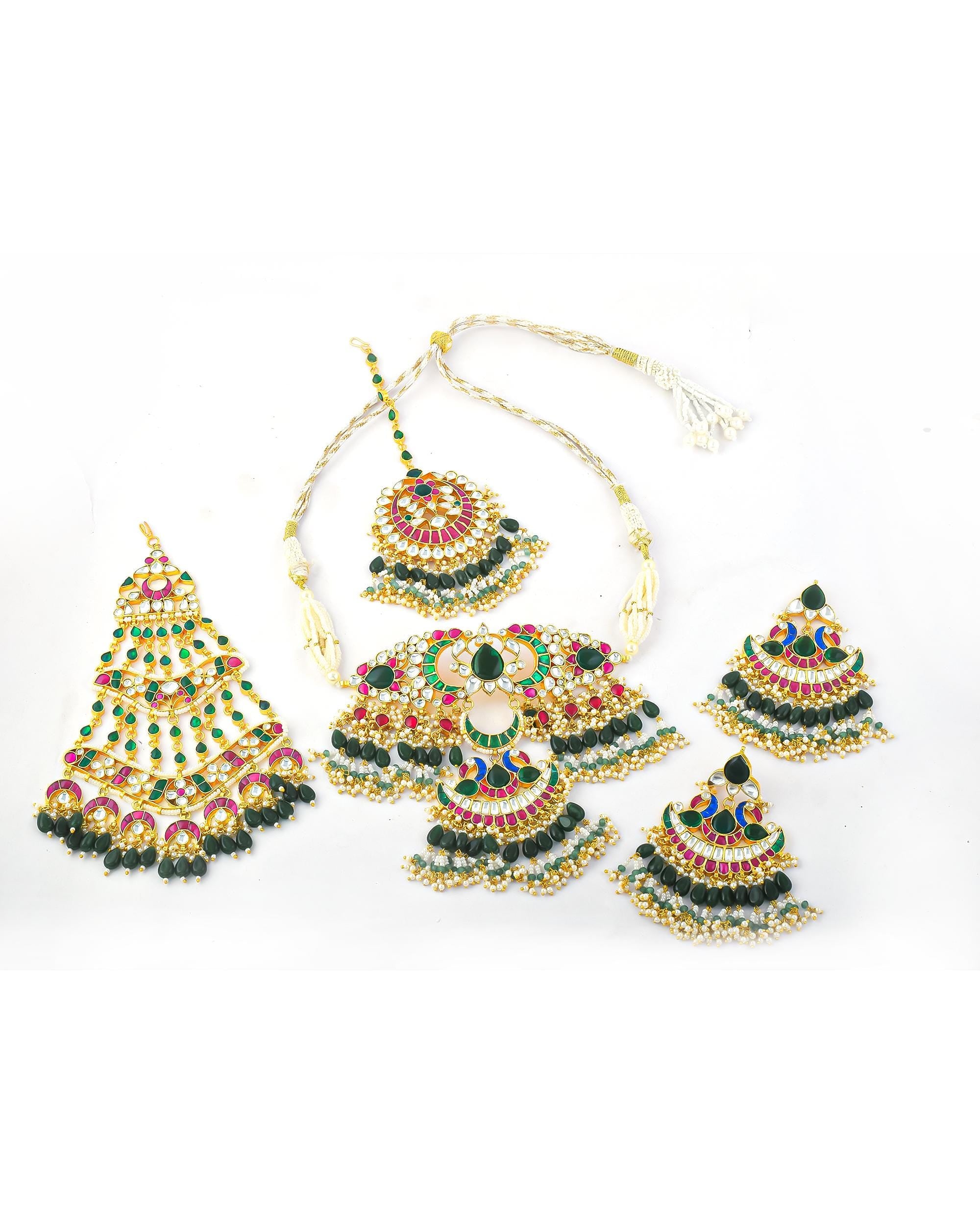 Kundan Bridal Jewelry Set, Indian Wedding Choker, Maang Tikka, Earrings, Green Pink Stones