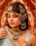 Kundan Bridal Jewelry Set, Indian Wedding Choker, Maang Tikka, Earrings, Green Pink Stones