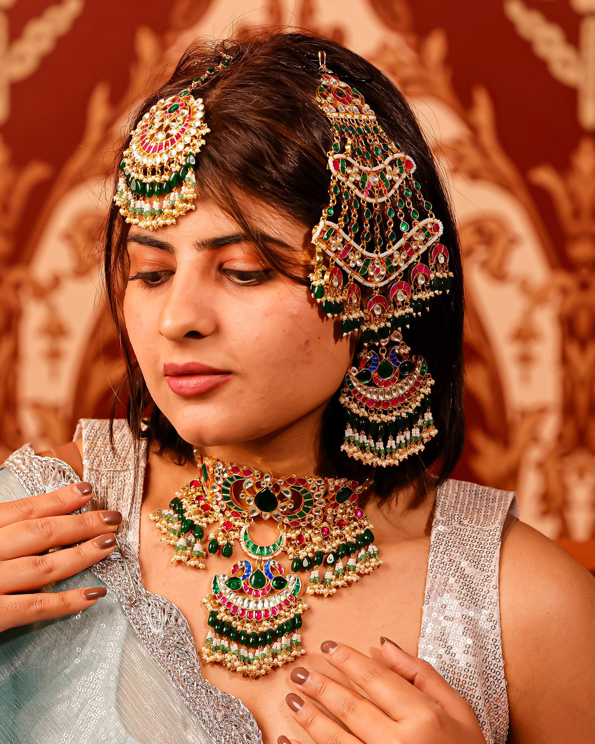 Kundan Bridal Jewelry Set, Indian Wedding Choker, Maang Tikka, Earrings, Green Pink Stones
