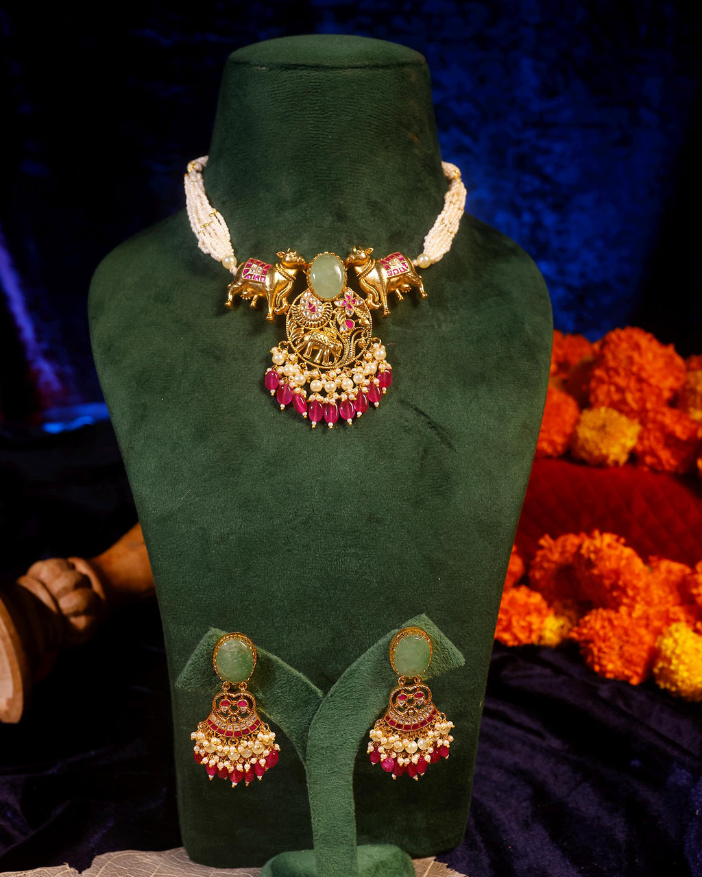 Handcrafted Indian Temple Jewelry Set: Gold Cow Necklace, Jhumka Earrings with Emeralds, Rubies, Pearls