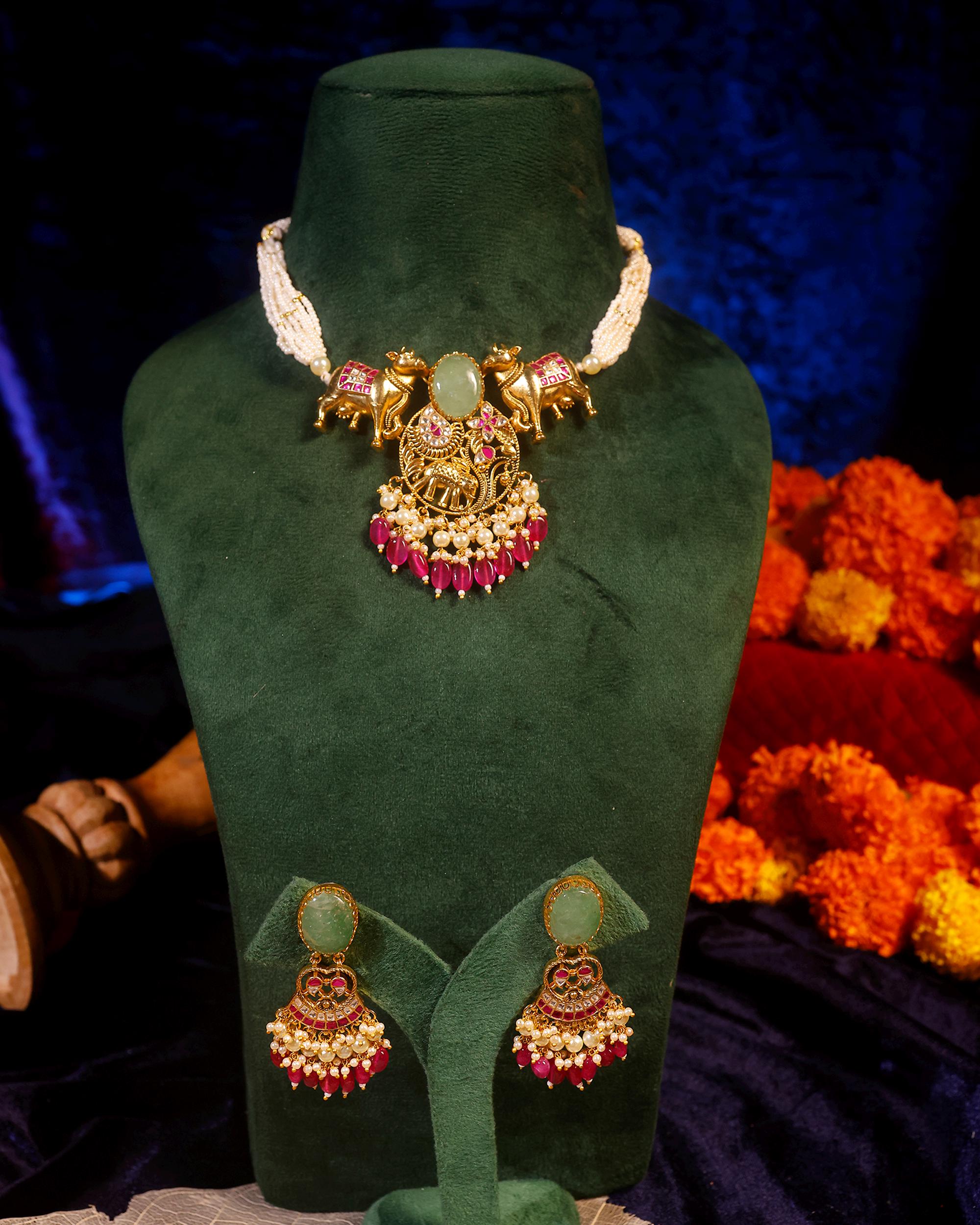 Handcrafted Indian Temple Jewelry Set: Gold Cow Necklace, Jhumka Earrings with Emeralds, Rubies, Pearls