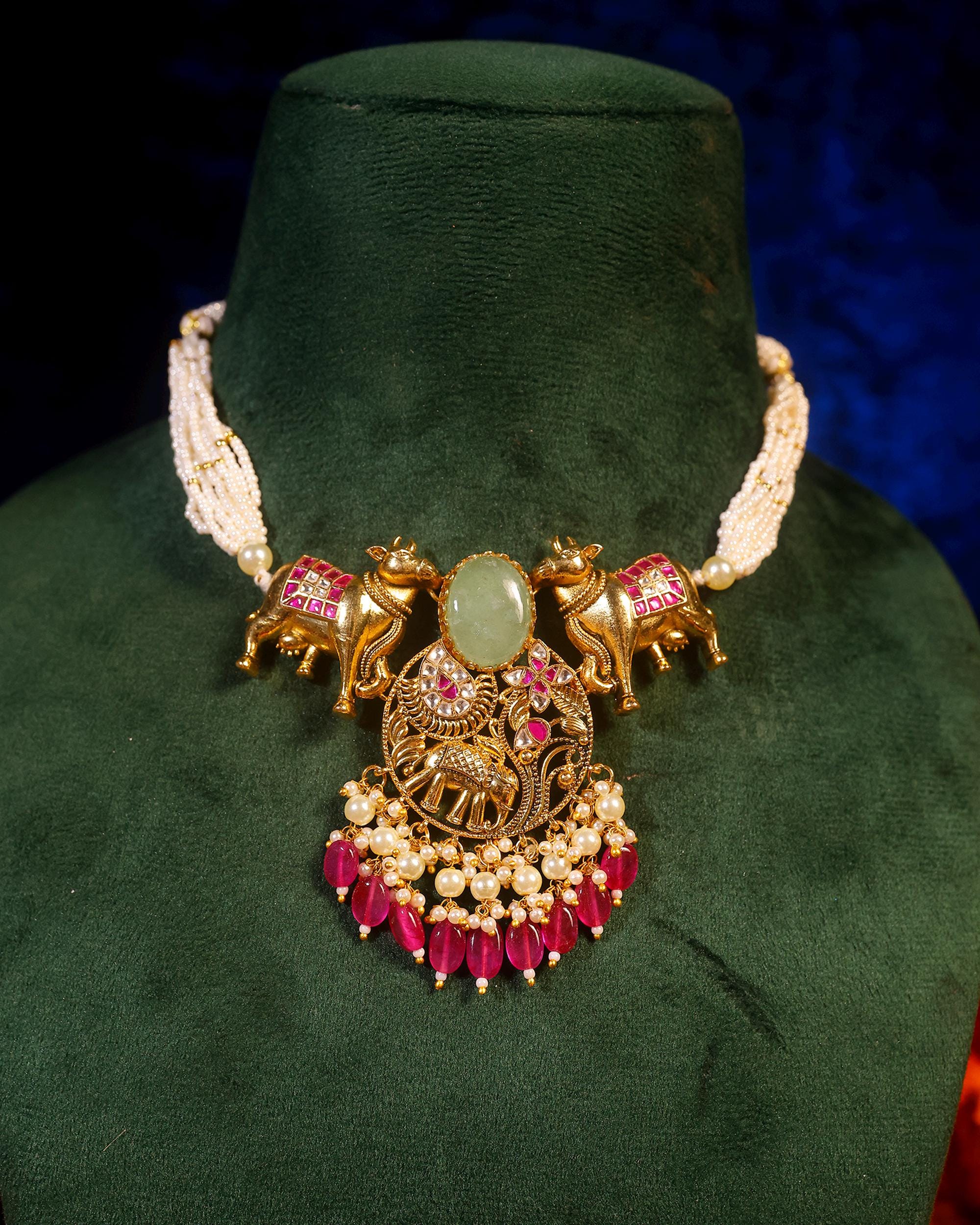 Handcrafted Indian Temple Jewelry Set: Gold Cow Necklace, Jhumka Earrings with Emeralds, Rubies, Pearls
