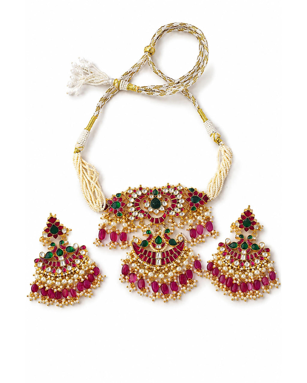 Traditional Indian Temple Jewelry Set: Statement Necklace Chandbali Earrings with Rubies, Emeralds Pearls