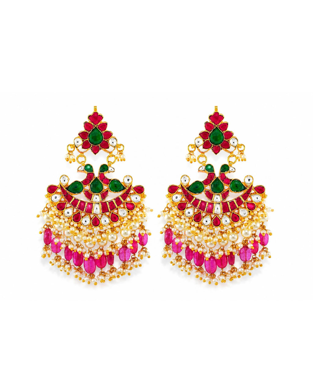 Traditional Indian Temple Jewelry Set: Statement Necklace Chandbali Earrings with Rubies, Emeralds Pearls