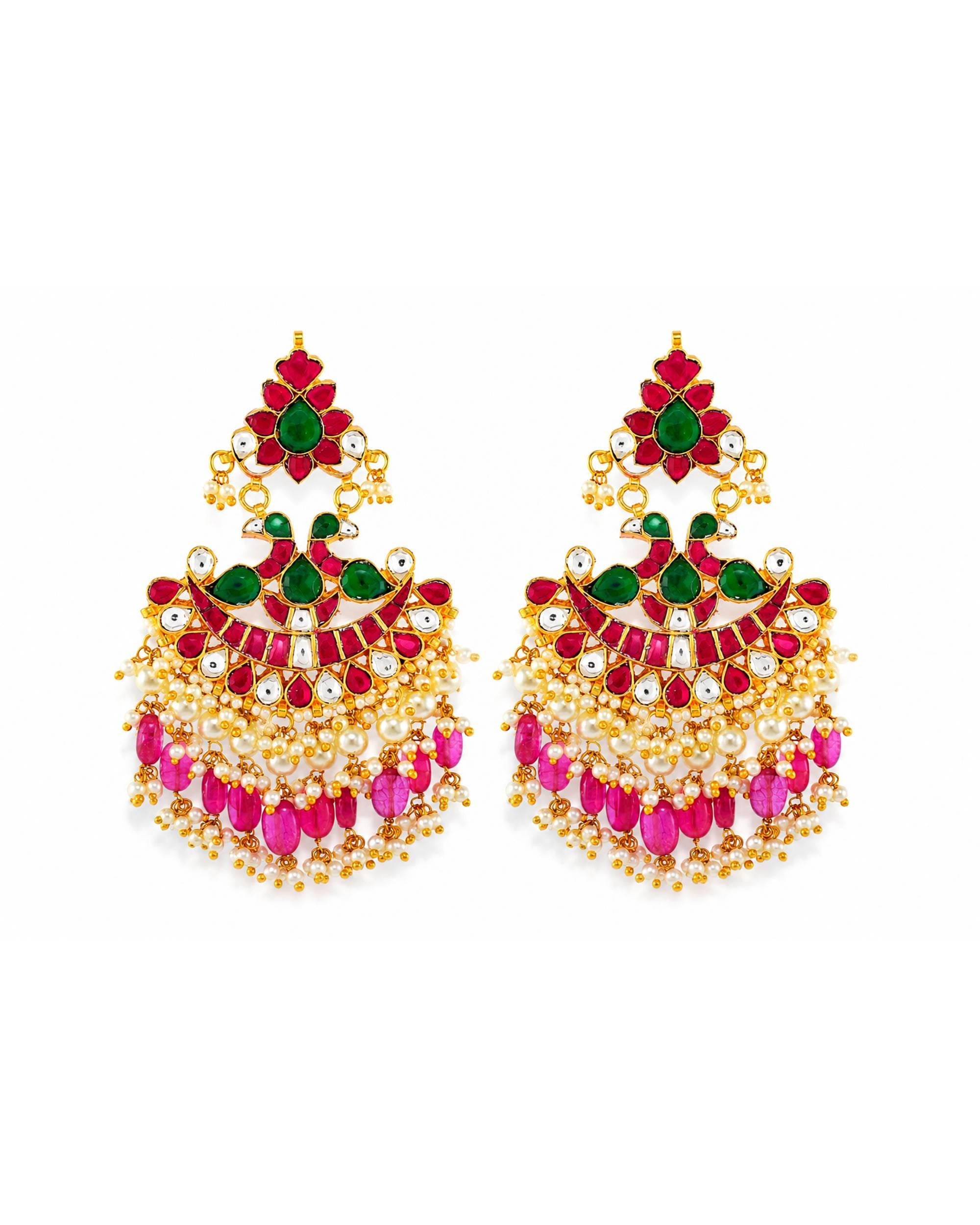 Traditional Indian Temple Jewelry Set: Statement Necklace Chandbali Earrings with Rubies, Emeralds Pearls