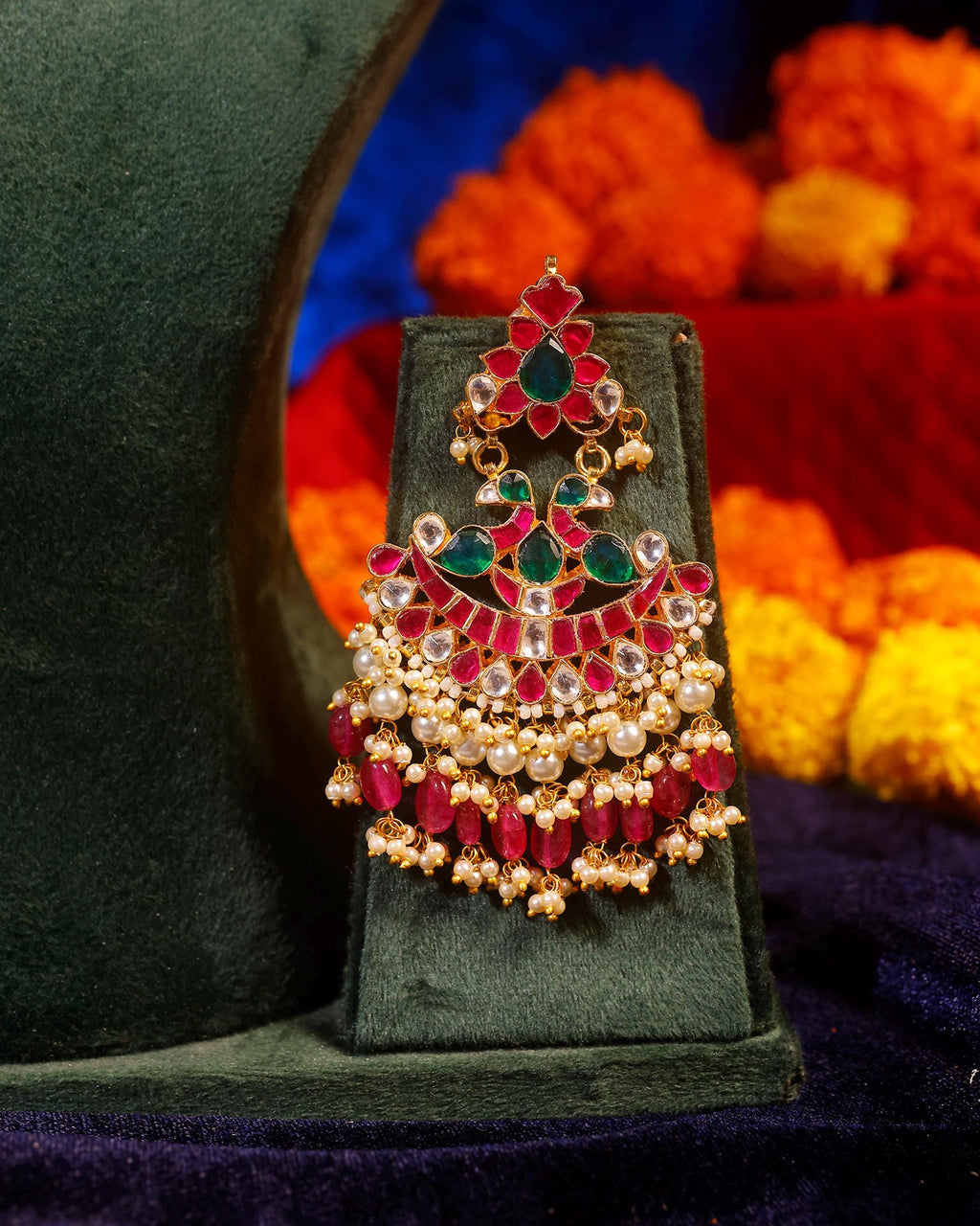 Traditional Indian Temple Jewelry Set: Statement Necklace Chandbali Earrings with Rubies, Emeralds Pearls