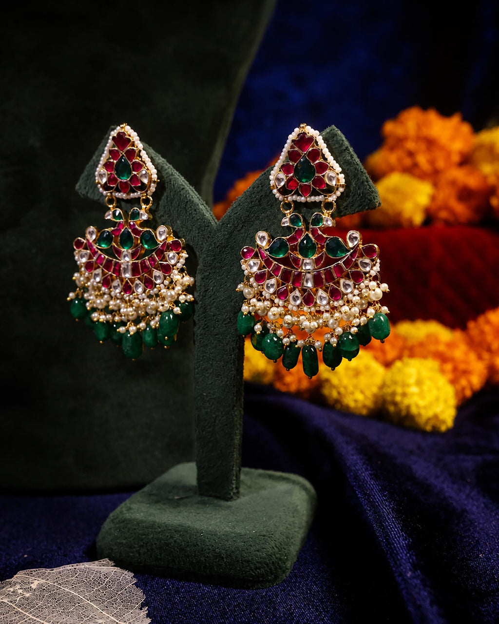 Regal Temple Jewelry Set: Statement Necklace Chandbali Earrings with Emeralds, Rubies & Pearls