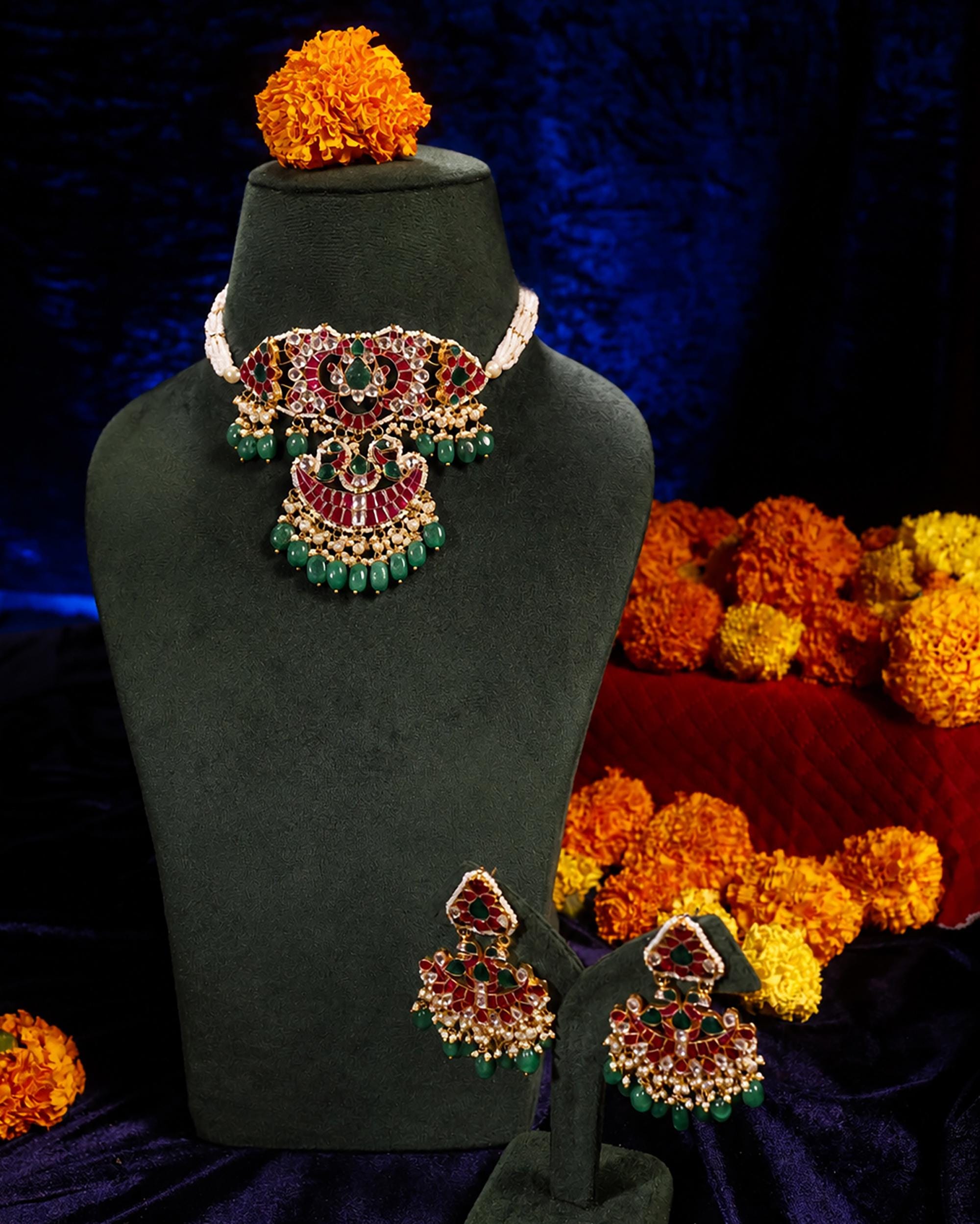 Regal Temple Jewelry Set: Statement Necklace Chandbali Earrings with Emeralds, Rubies & Pearls