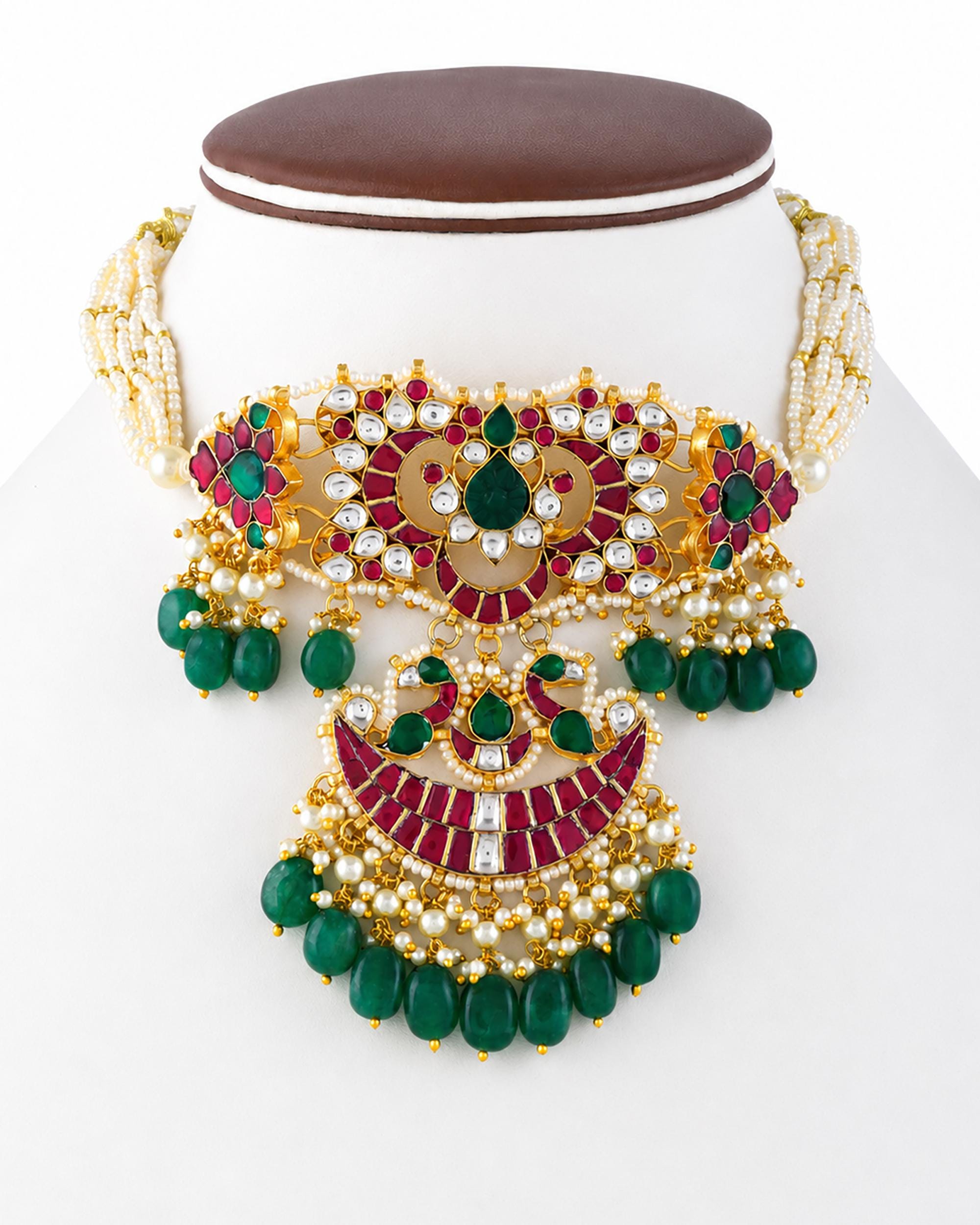 Regal Temple Jewelry Set: Statement Necklace Chandbali Earrings with Emeralds, Rubies & Pearls