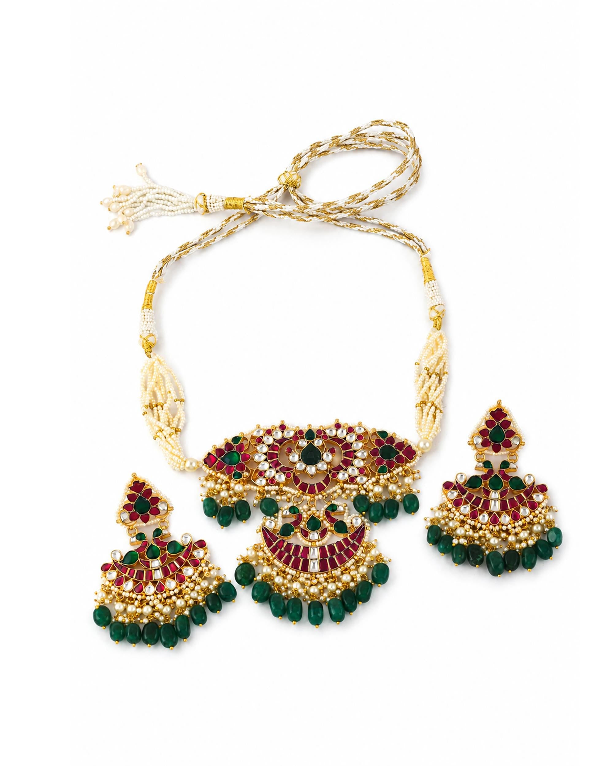 Regal Temple Jewelry Set: Statement Necklace Chandbali Earrings with Emeralds, Rubies & Pearls