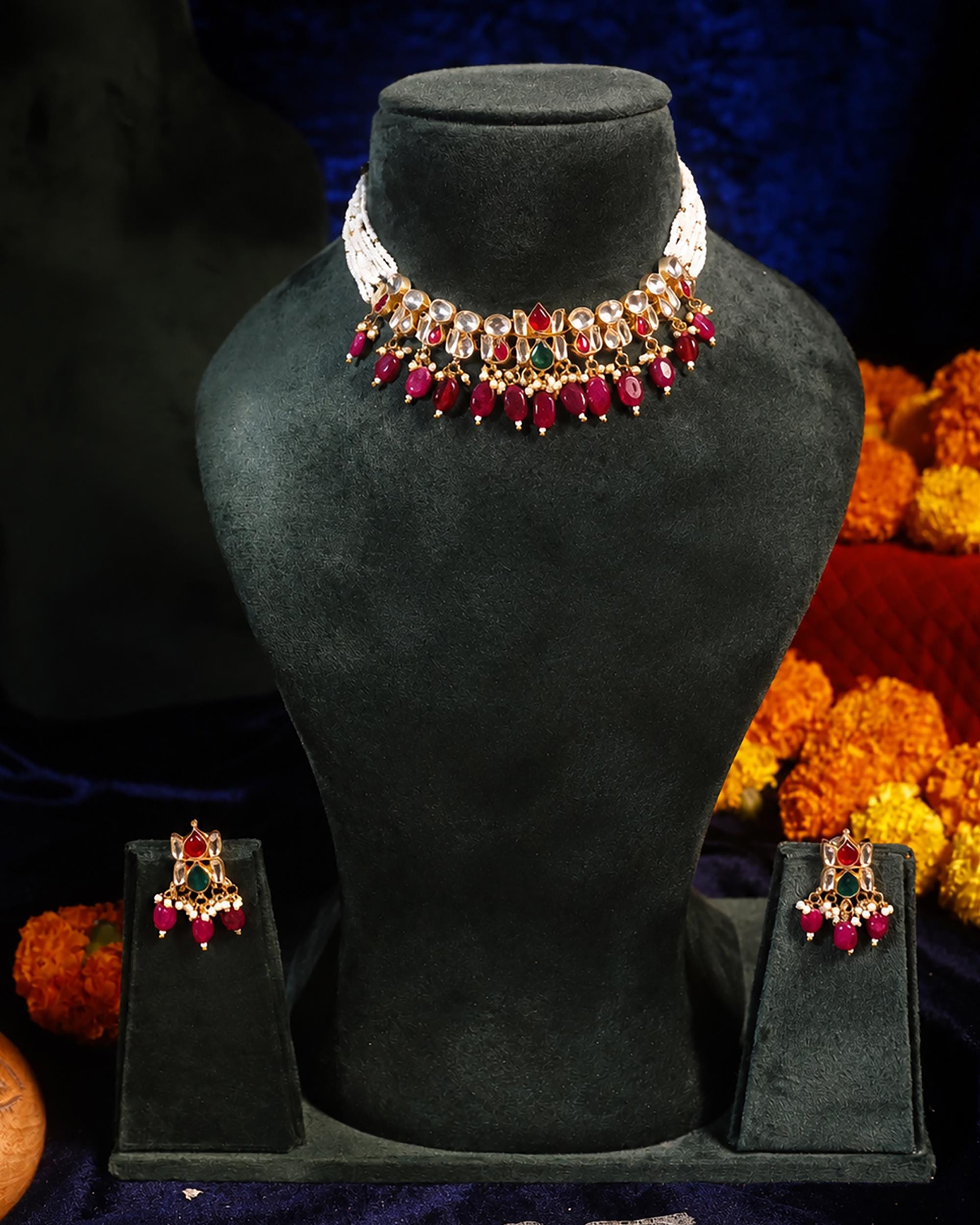 Handcrafted Kundan & Pearl Choker Set: Traditional Indian Necklace with Ruby Emerald Accents