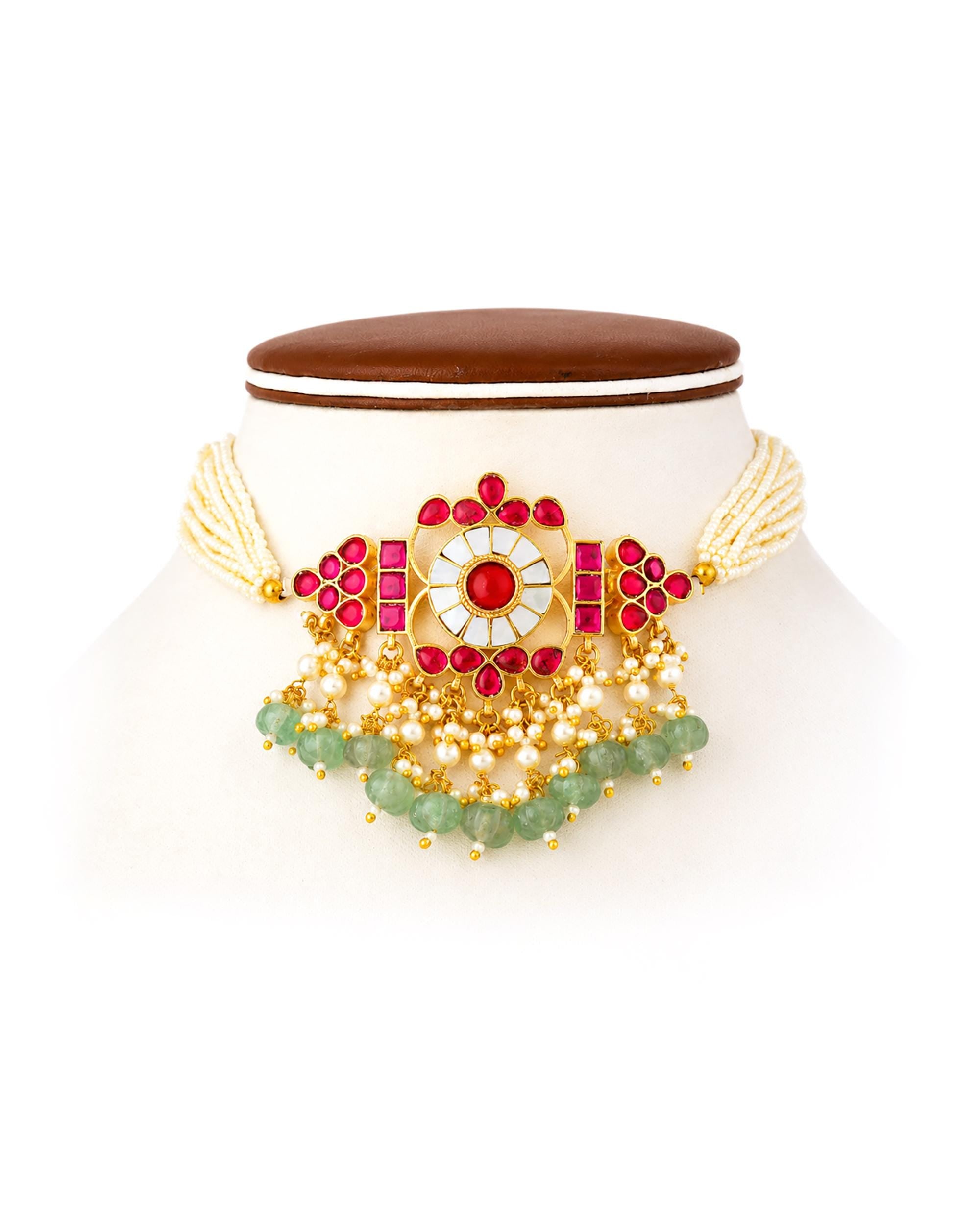 Traditional Kundan & Pearl Necklace Set with Ruby Mint Green Accents Handcrafted Heritage Jewelry